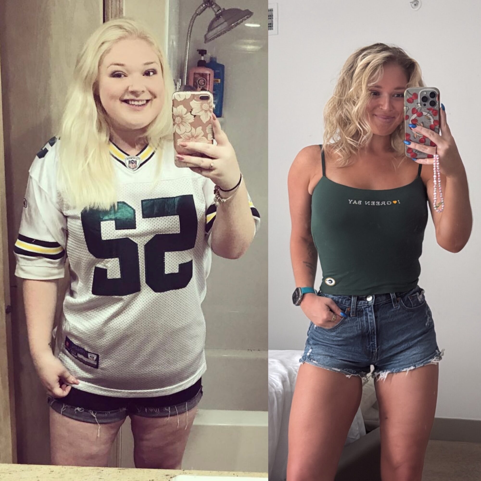 Side-by-side photos of a woman before and after weight loss, smiling and taking mirror selfies, wearing different outfits.