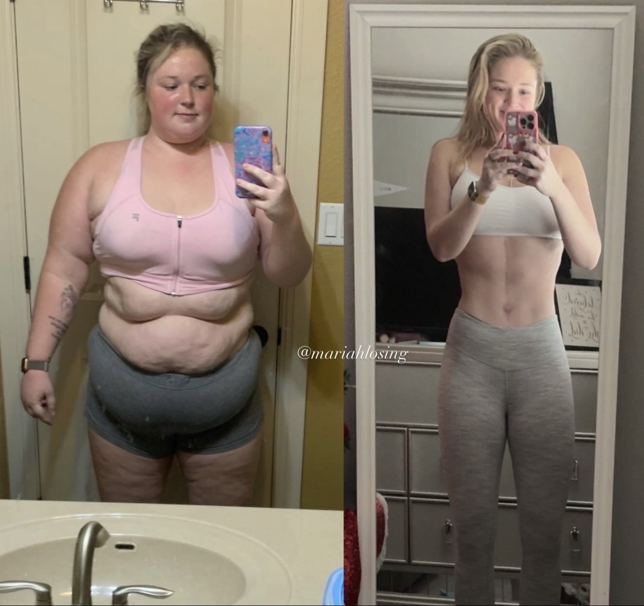 Side-by-side mirror selfies of a woman before and after weight loss, showing significant body transformation, in casual clothing. Word count: 20