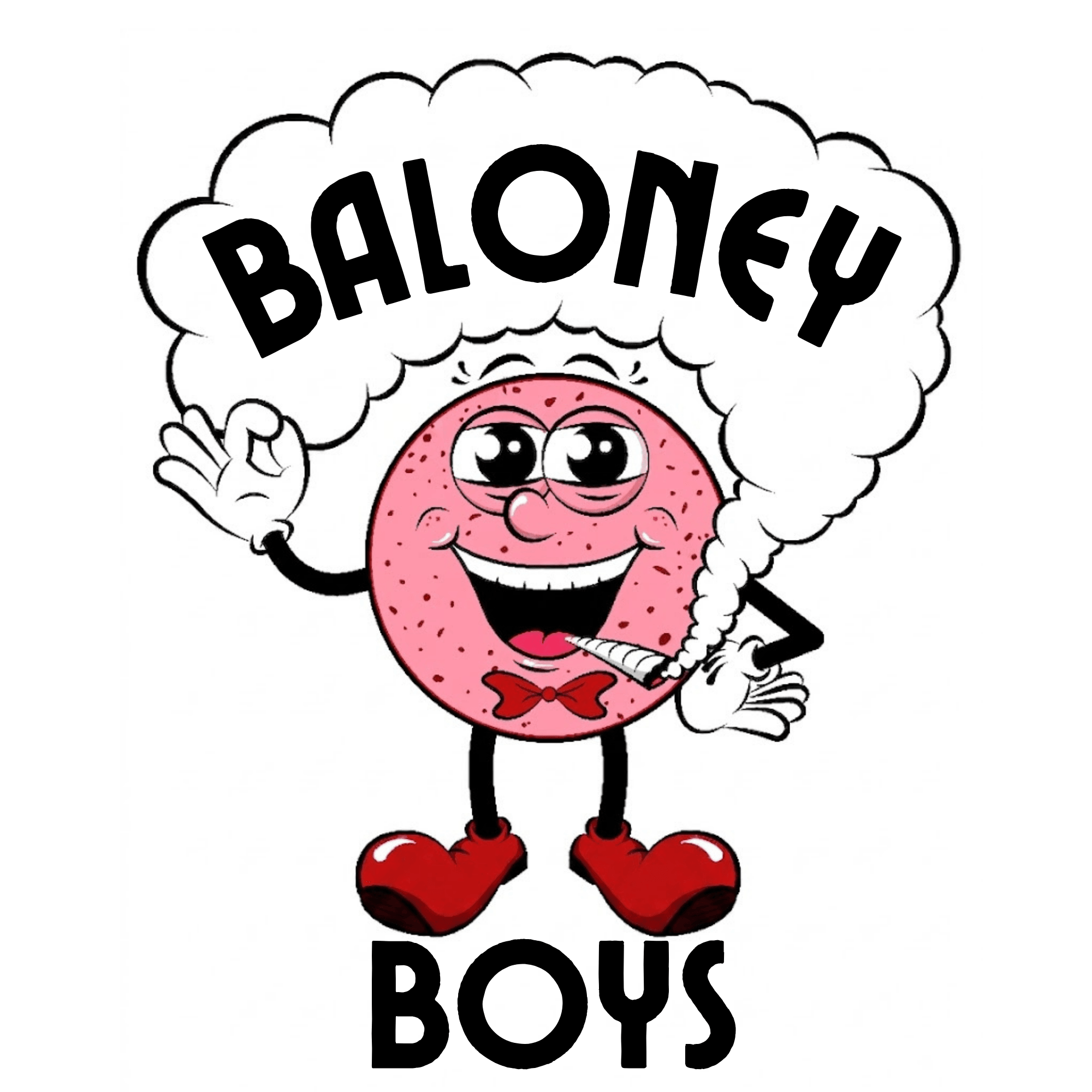 Cartoon character with a pink, speckled face, big eyes, smiling, holding a pipe, with a cloud of smoke, and red shoes.