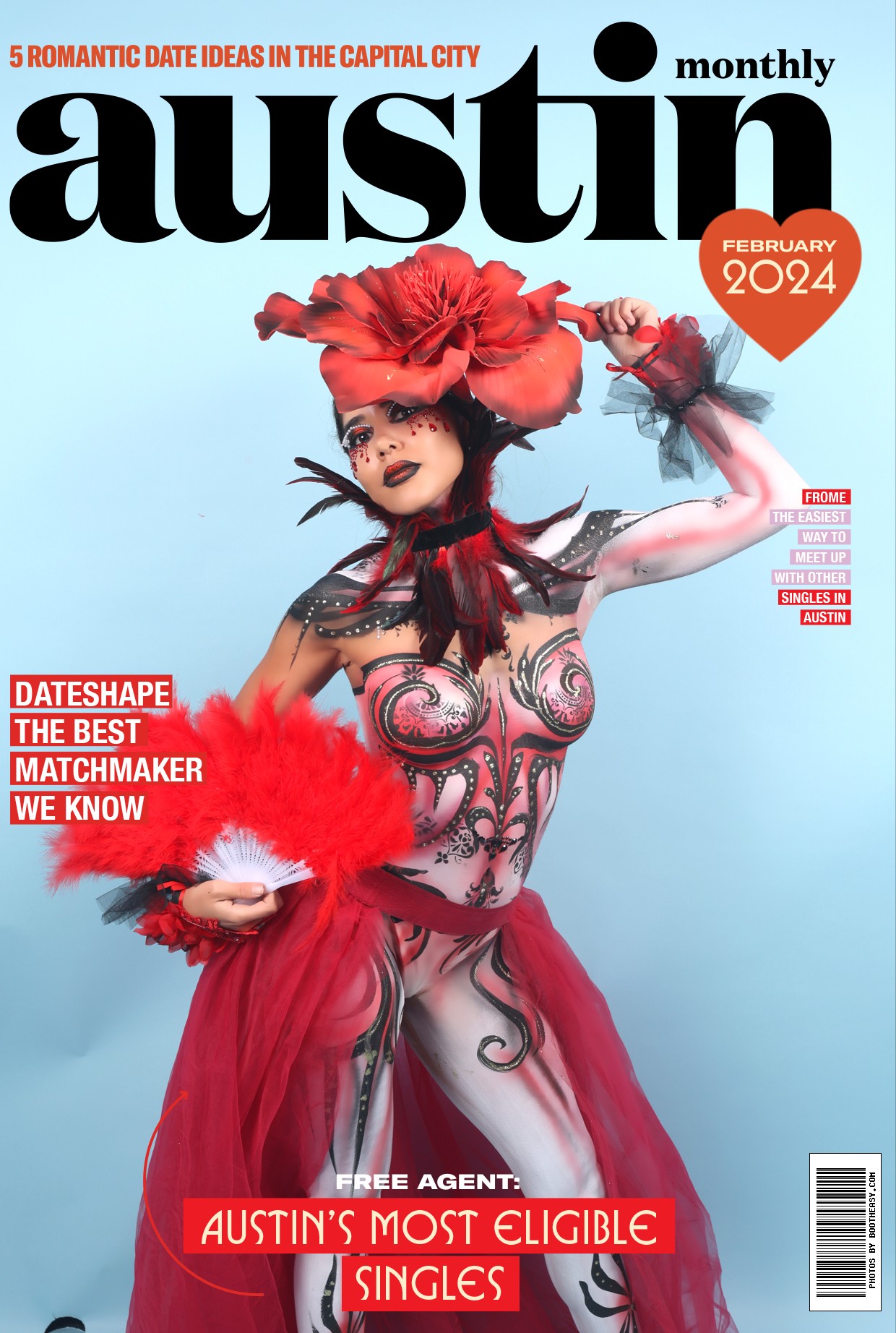 Woman in elaborate red costume with large headpiece, posing against light blue background, on magazine cover.