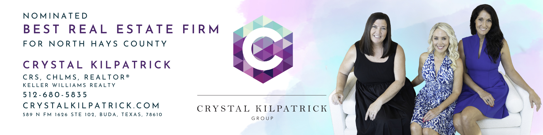Nominated real estate firm with three women, logo, and contact information, on a white background.