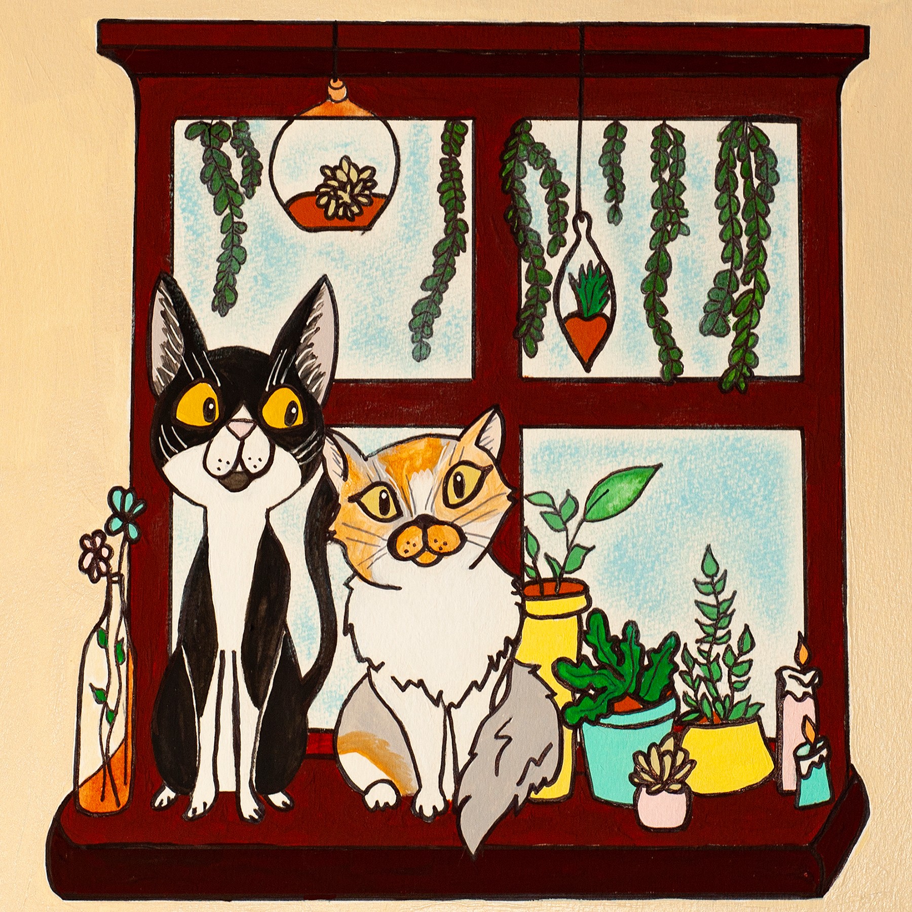 Two cats sitting on a windowsill with plants and hanging decorations, colorful background, detailed illustration.