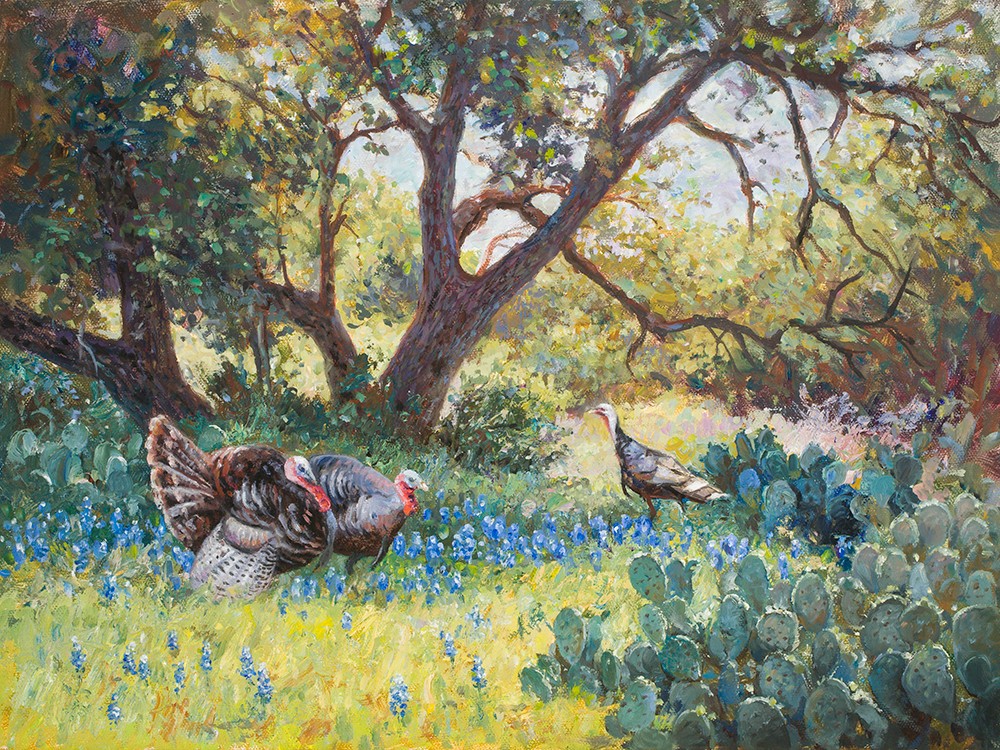 A bird with a colorful beak and patterned feathers stands in a grassy field with blue flowers, trees in the background.