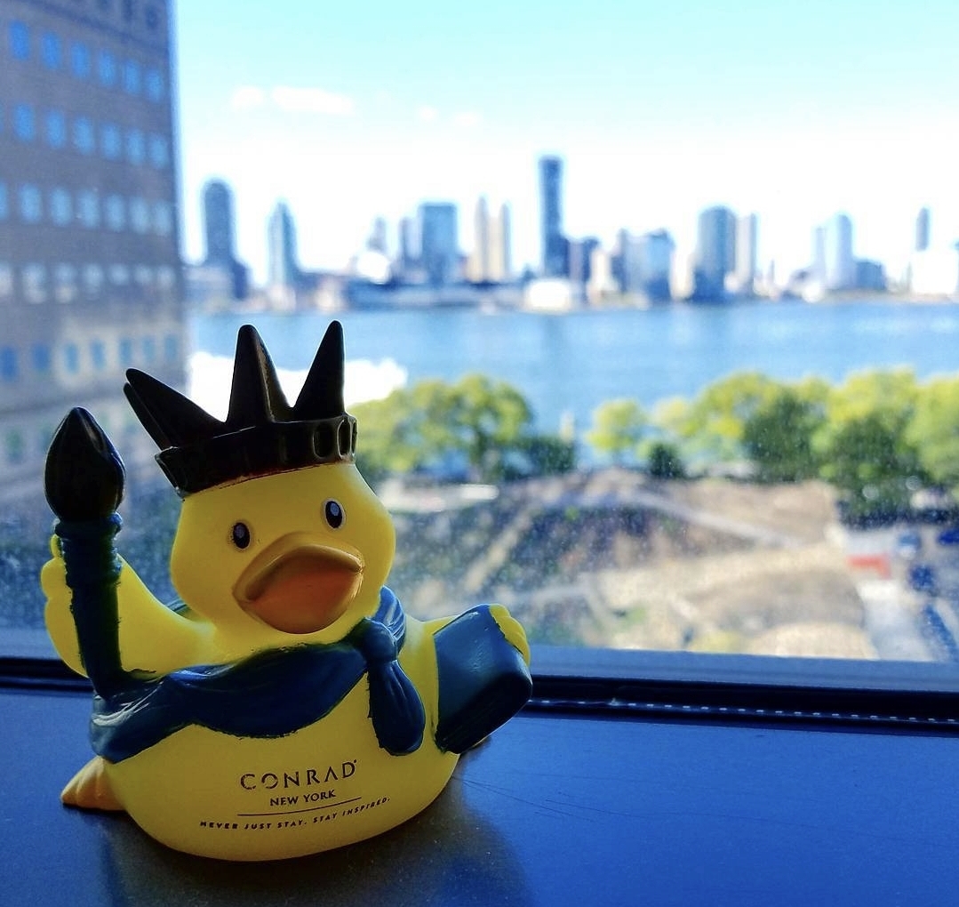 Yellow rubber duck wearing a blue scarf and a black crown, with a city skyline and river in the background.