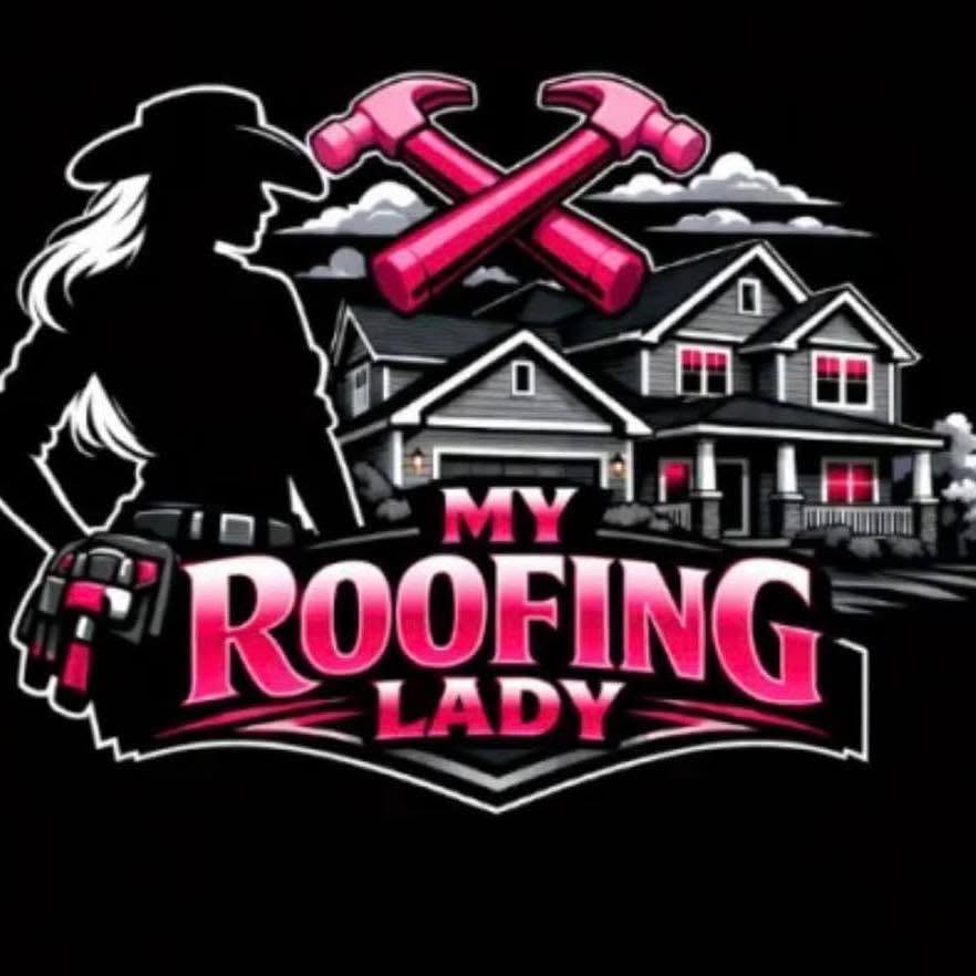 Silhouette of a woman with a house and tools, with text 'My Roofing Lady' in pink and black.