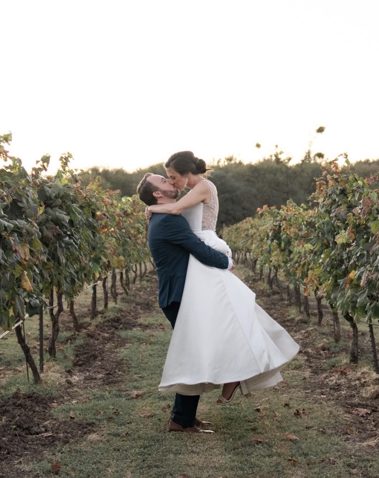 A couple in wedding attire embracing in a vineyard during sunset, with rows of grapevines in the background.
