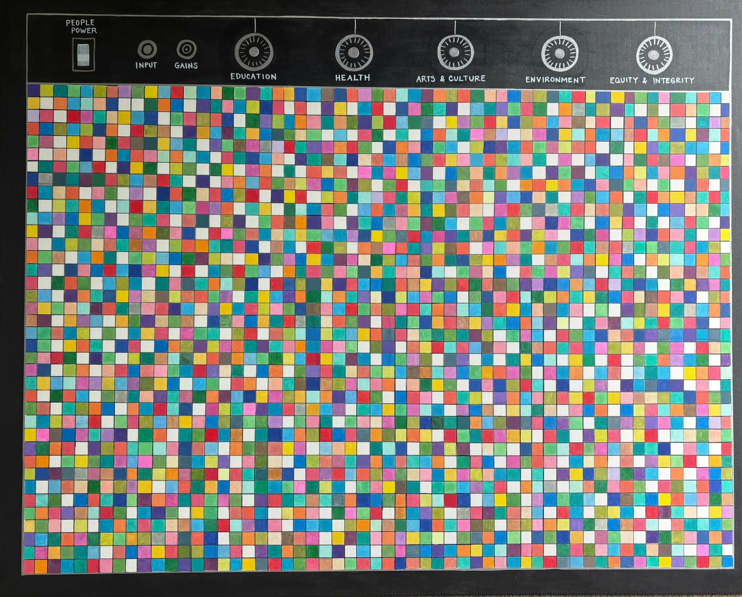 Color calibration chart with small colored squares and measurement scales at the top, labeled with various categories.