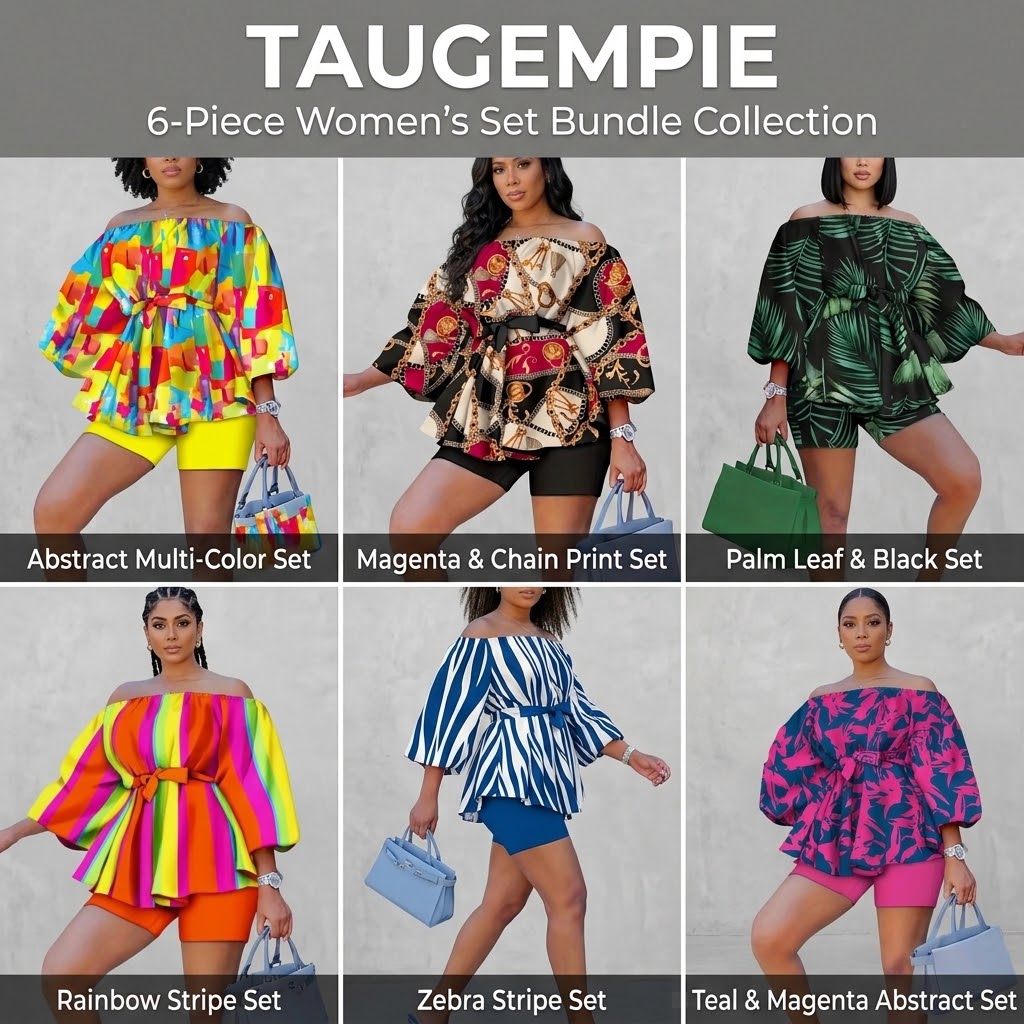 Six women modeling colorful, patterned clothing sets, including dresses and tops, against a plain background.