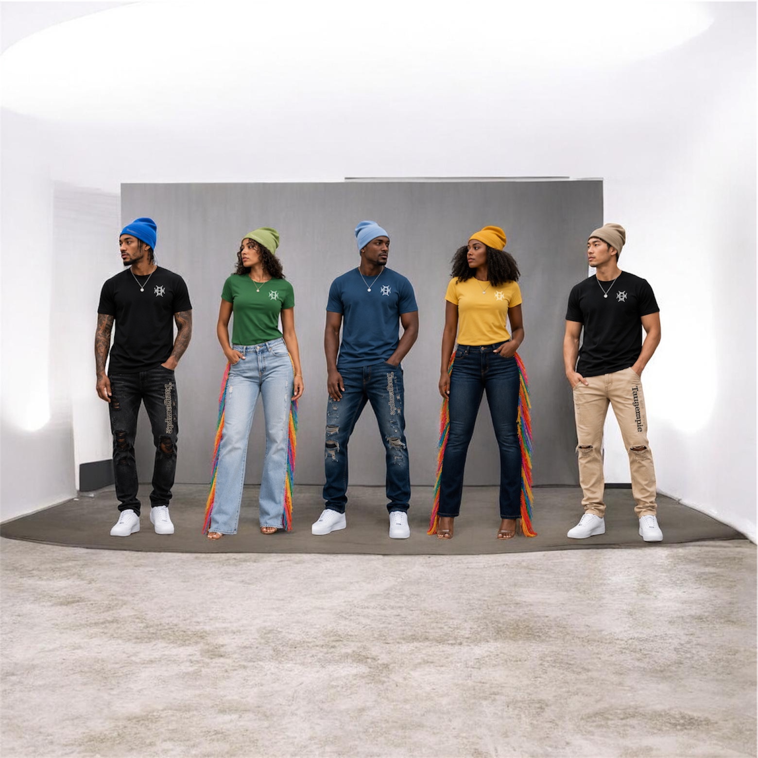 Five people stand in a row on a gray platform, wearing colorful hats and casual clothing, against a plain background.
