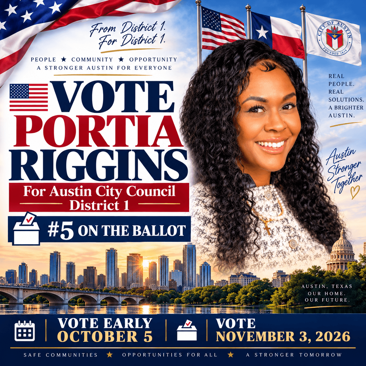 Campaign poster featuring a smiling woman, American flags, city skyline, and text supporting Portia Riggins for Austin City Council.