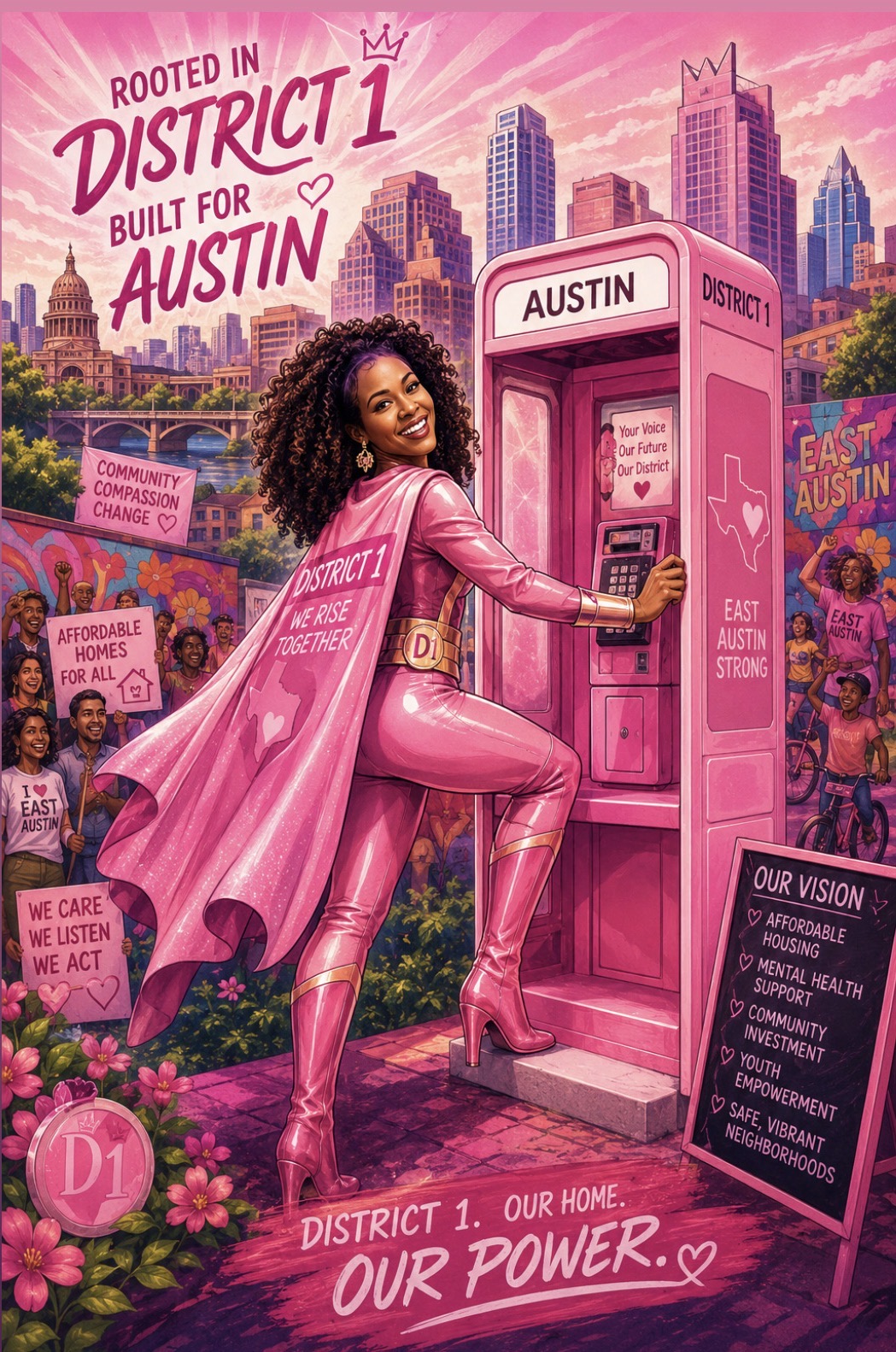 Woman in pink outfit using a phone at a pink phone booth with Austin skyline in background, surrounded by supporters and signs.