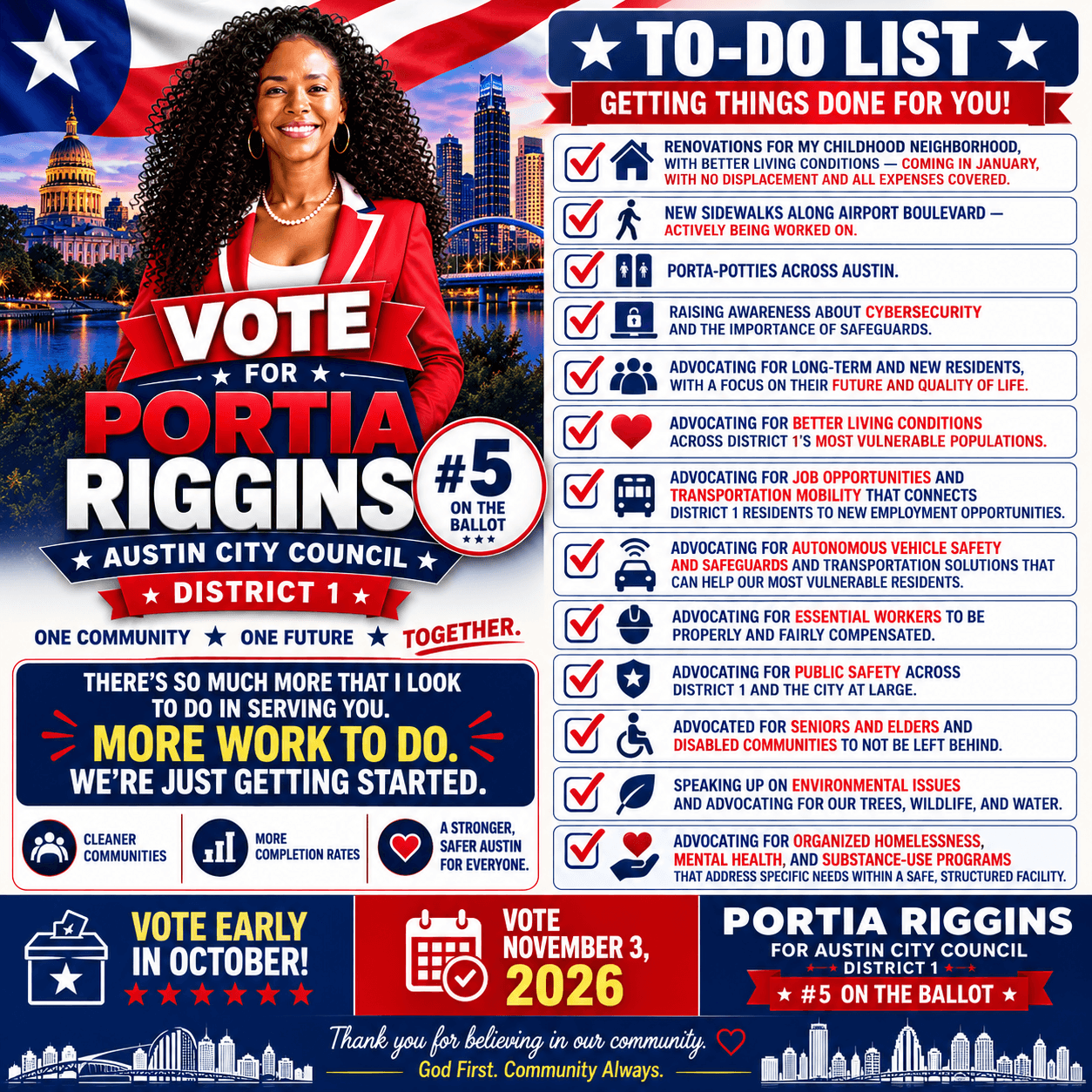 Woman smiling holding campaign sign for Portia Riggins, to-do list, vote early in October, election date November 3, 2026, city skyline background.