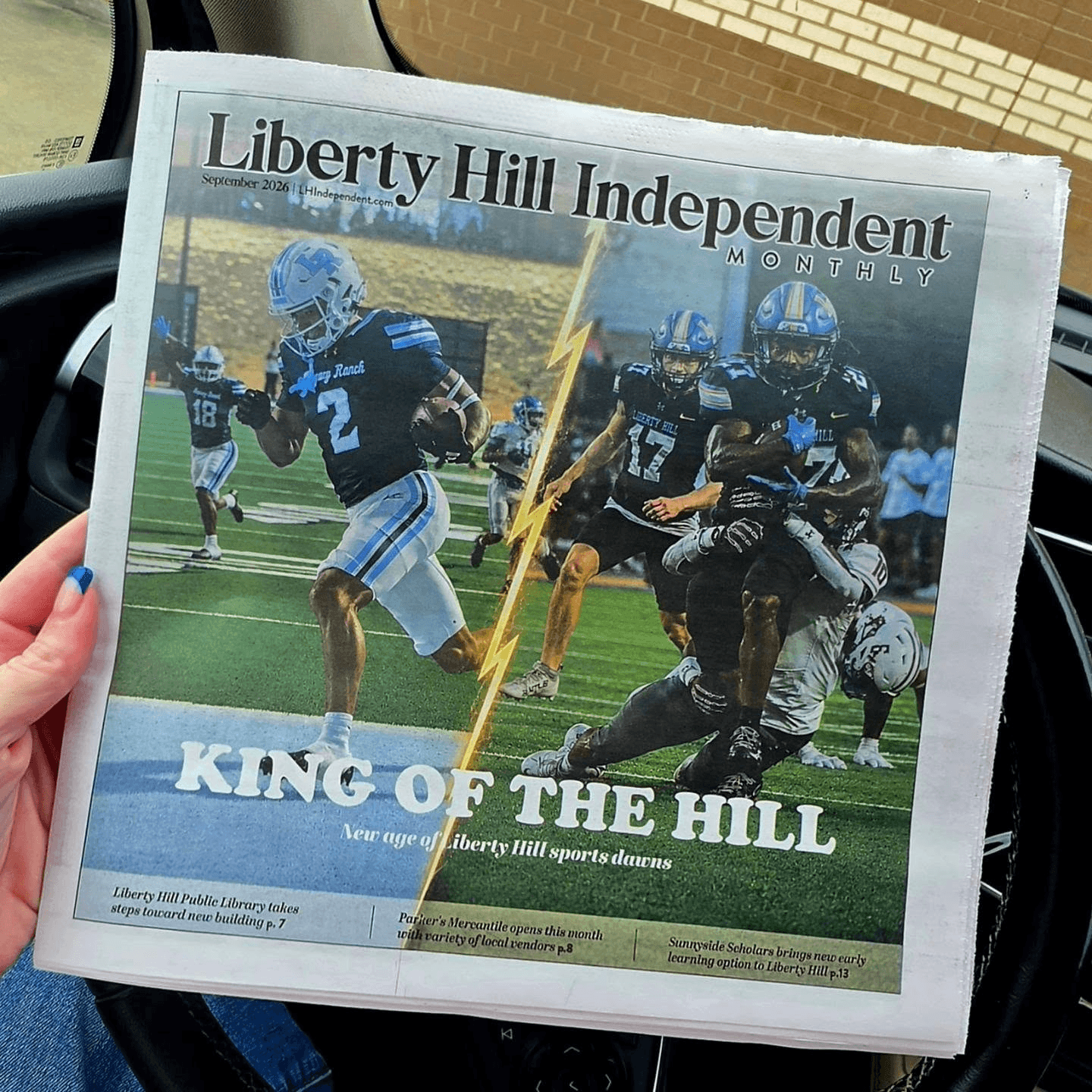 Front page of Liberty Hill Independent newspaper featuring football players in action outdoors.