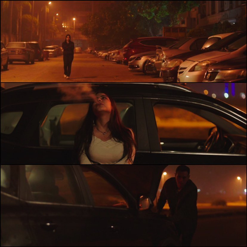 Three people in different scenes at night: a woman walking on a street, a woman inside a car, and a man outside a car.