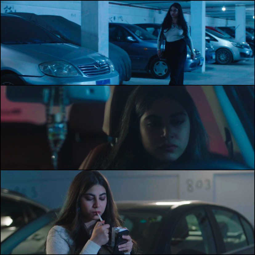 Three women in different settings: parking garage, inside a car, and outside a building, with various activities. Alt text is 20 words.
