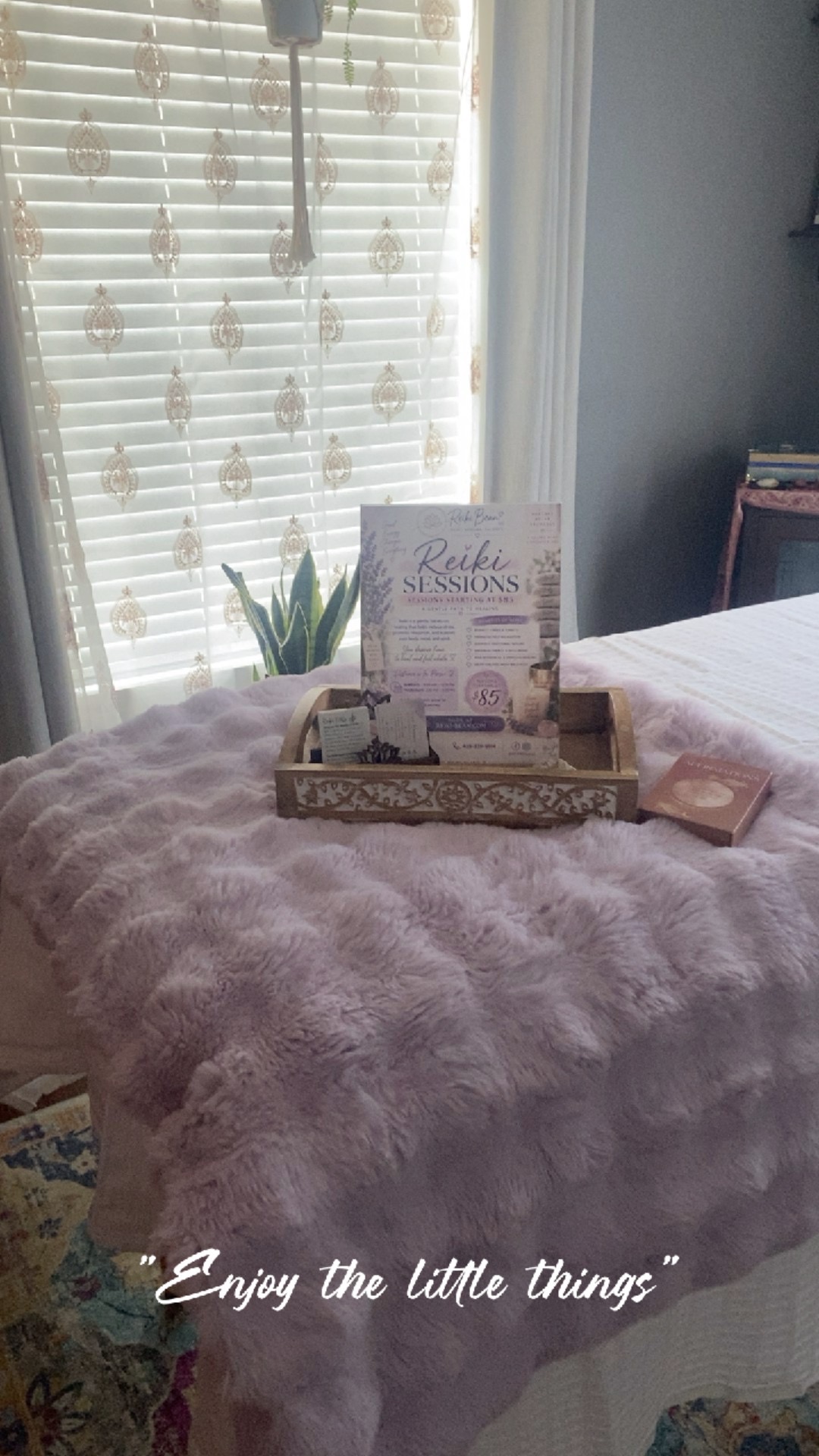 A cozy bedroom with a bed covered in a soft, pink blanket, a tray with a book and plant, and sunlight through blinds.