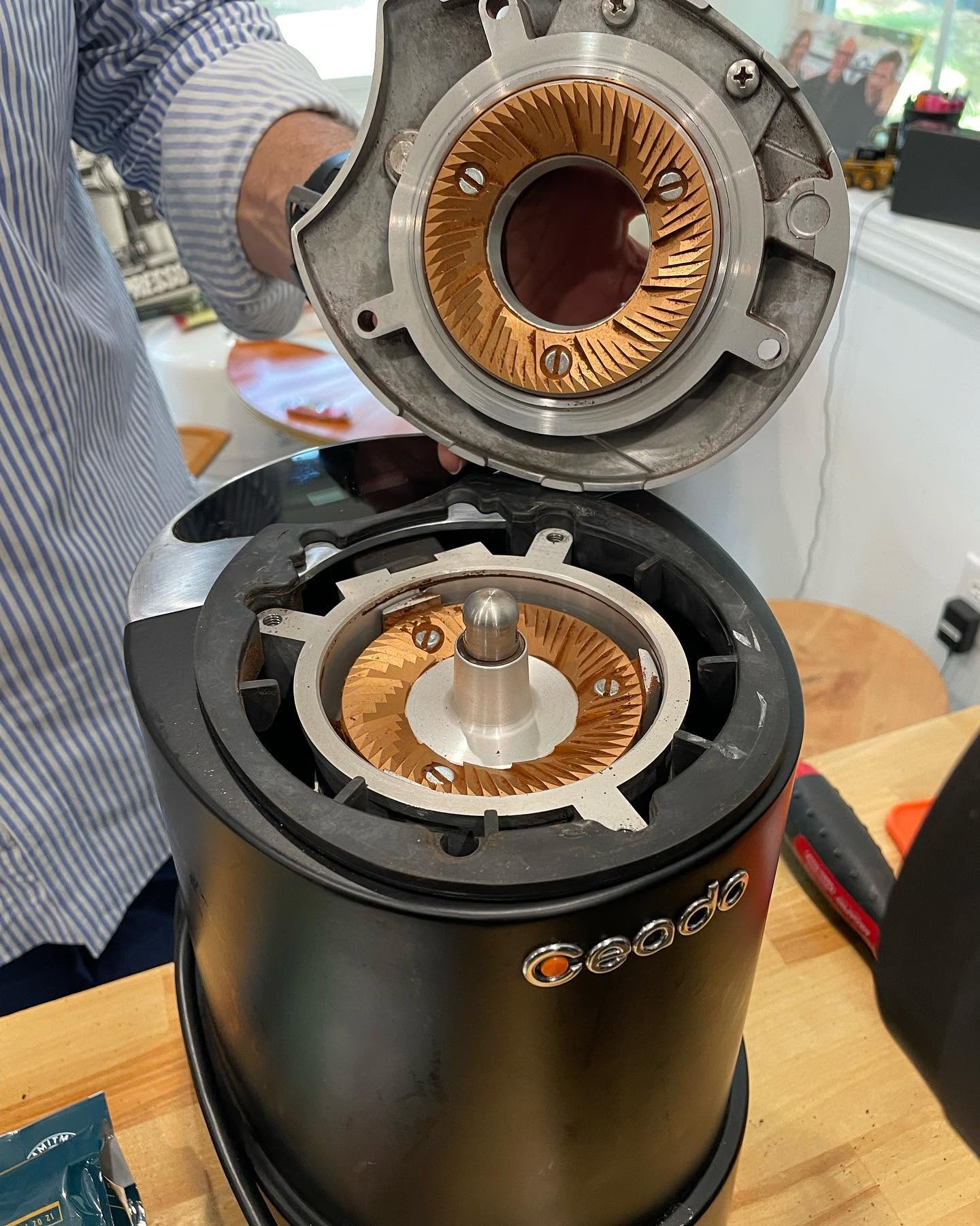 Person holding a disassembled coffee grinder with visible burrs, on a wooden table in a bright room.