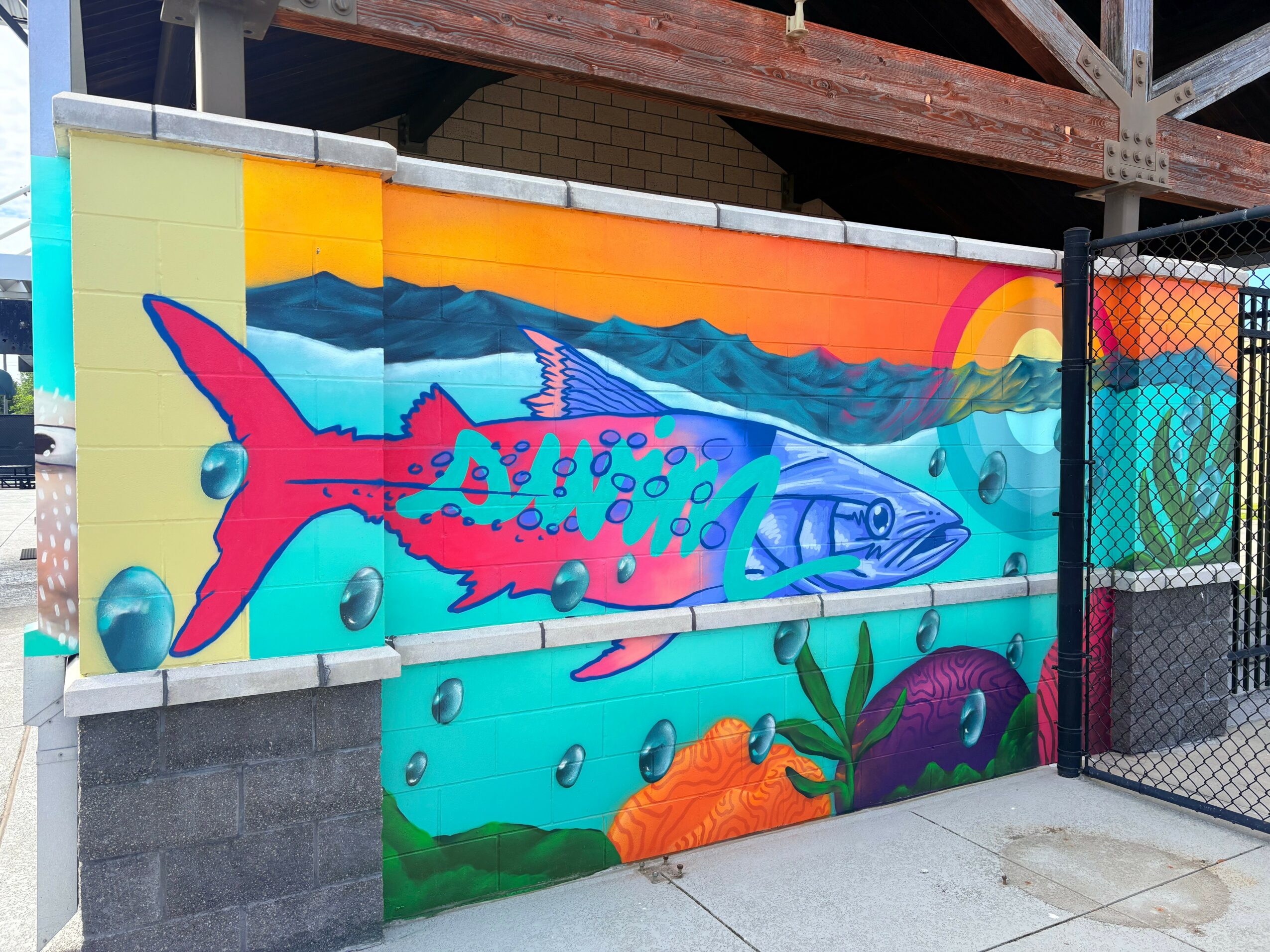 Colorful mural of a shark swimming underwater with fish, seaweed, and a sunset in the background.