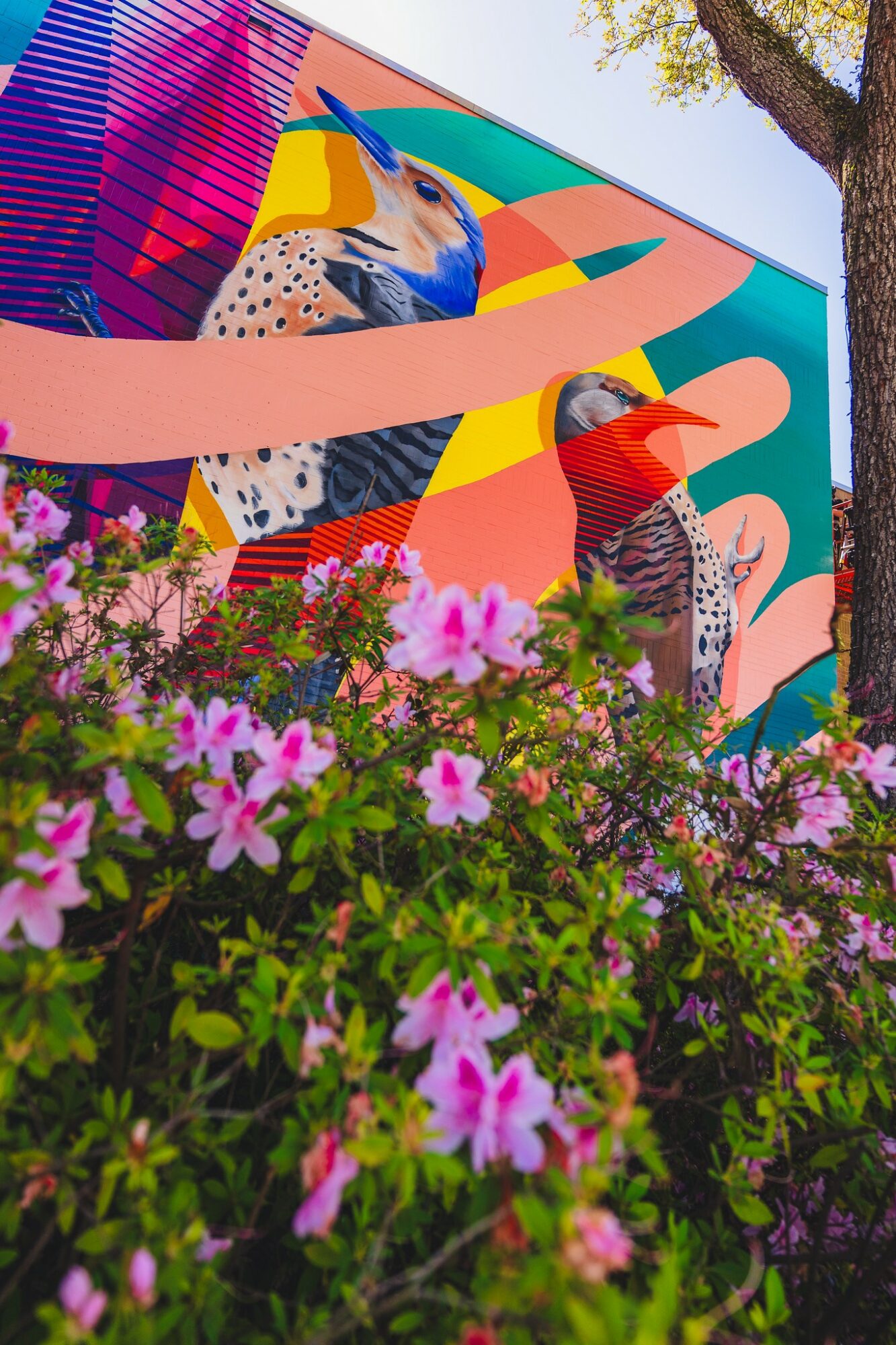 Colorful mural with two jaguars and abstract shapes, surrounded by pink flowers and green foliage.