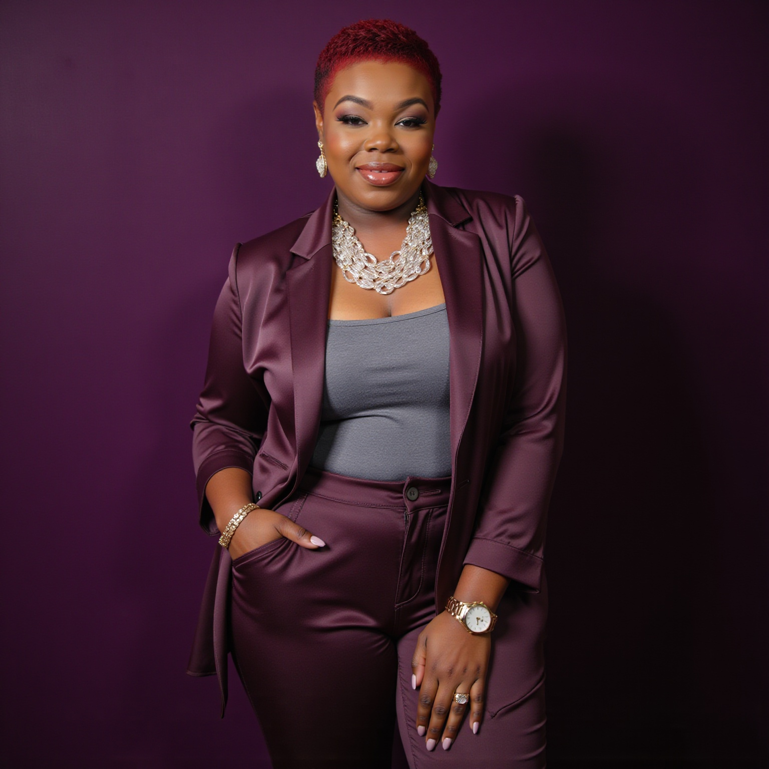 Woman with short red hair wearing a purple satin blazer and pants, gray top, jewelry, and a watch, standing against a purple background.