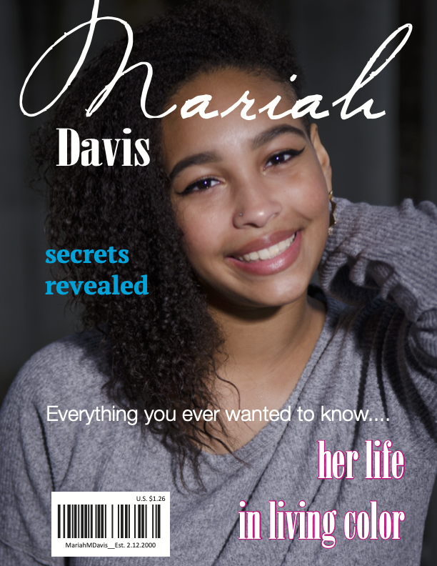 Young woman with curly hair smiling, wearing a gray top, with text about Mariah Davis and her life in living color.