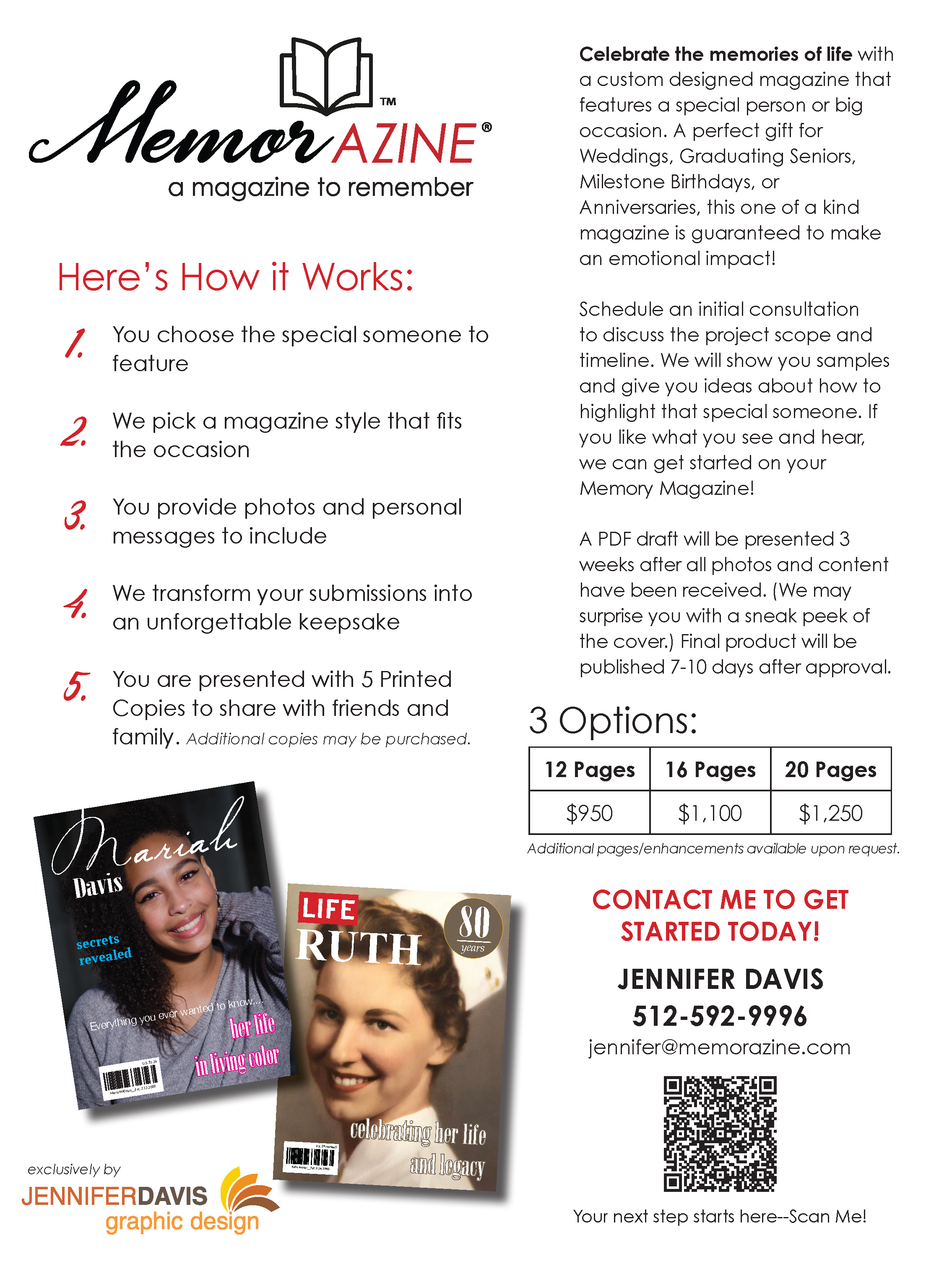 Magazine cover featuring a woman with dark hair and a bright smile, with text about life and memories, and a smaller image of a person with glasses.