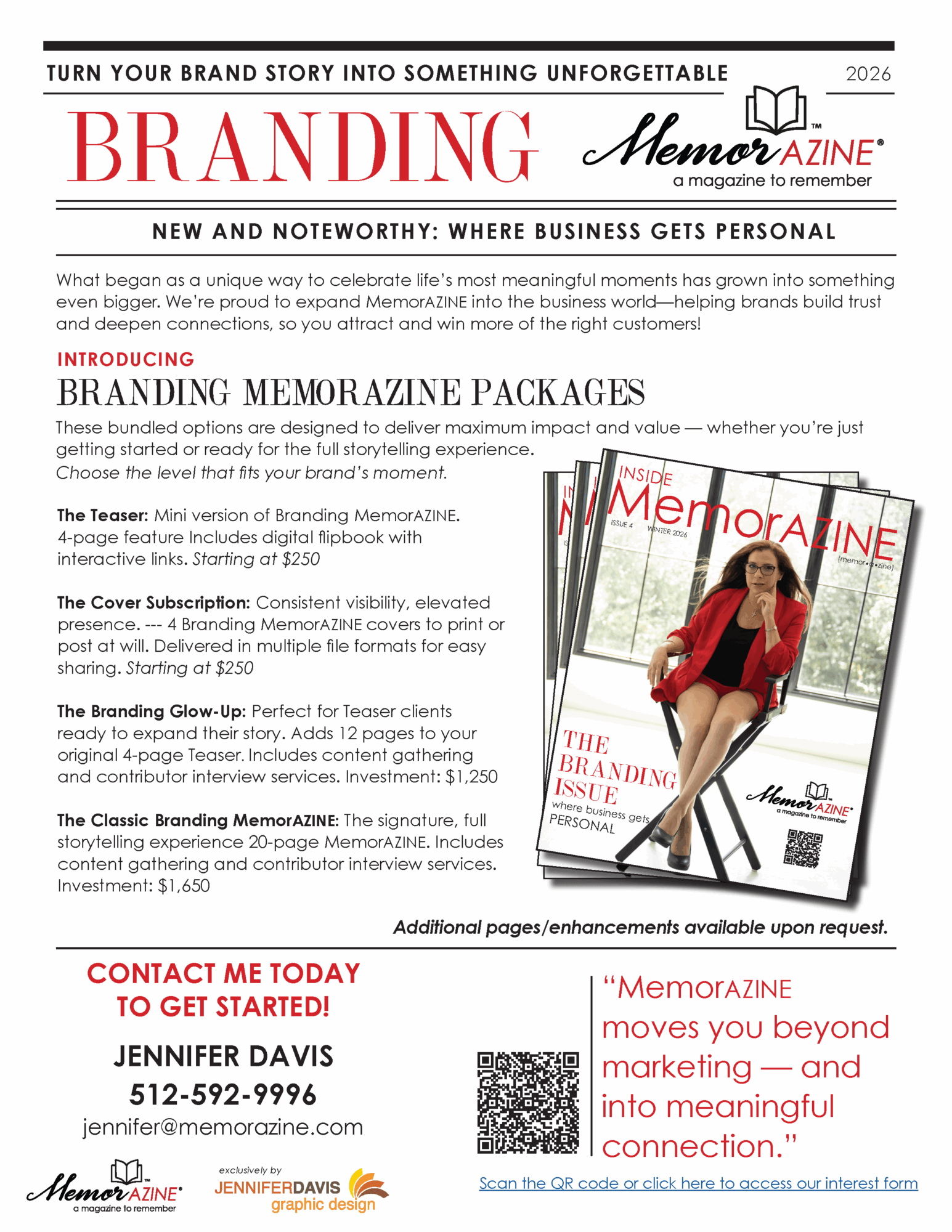Magazine cover featuring a woman holding a red bag, with the title 'Memorazine' and headlines about branding and marketing.