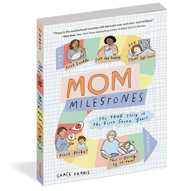 Book cover titled 'Mom Milestones' with illustrations of a pregnant woman, baby, and family activities, on a grid background.