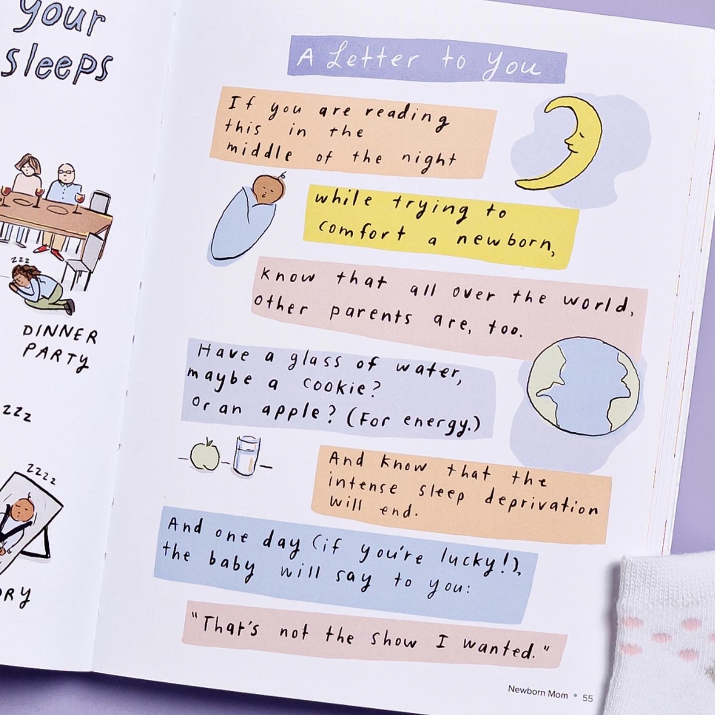 Handwritten notes and doodles about sleep, with a moon, globe, and a person sleeping, on a white background.