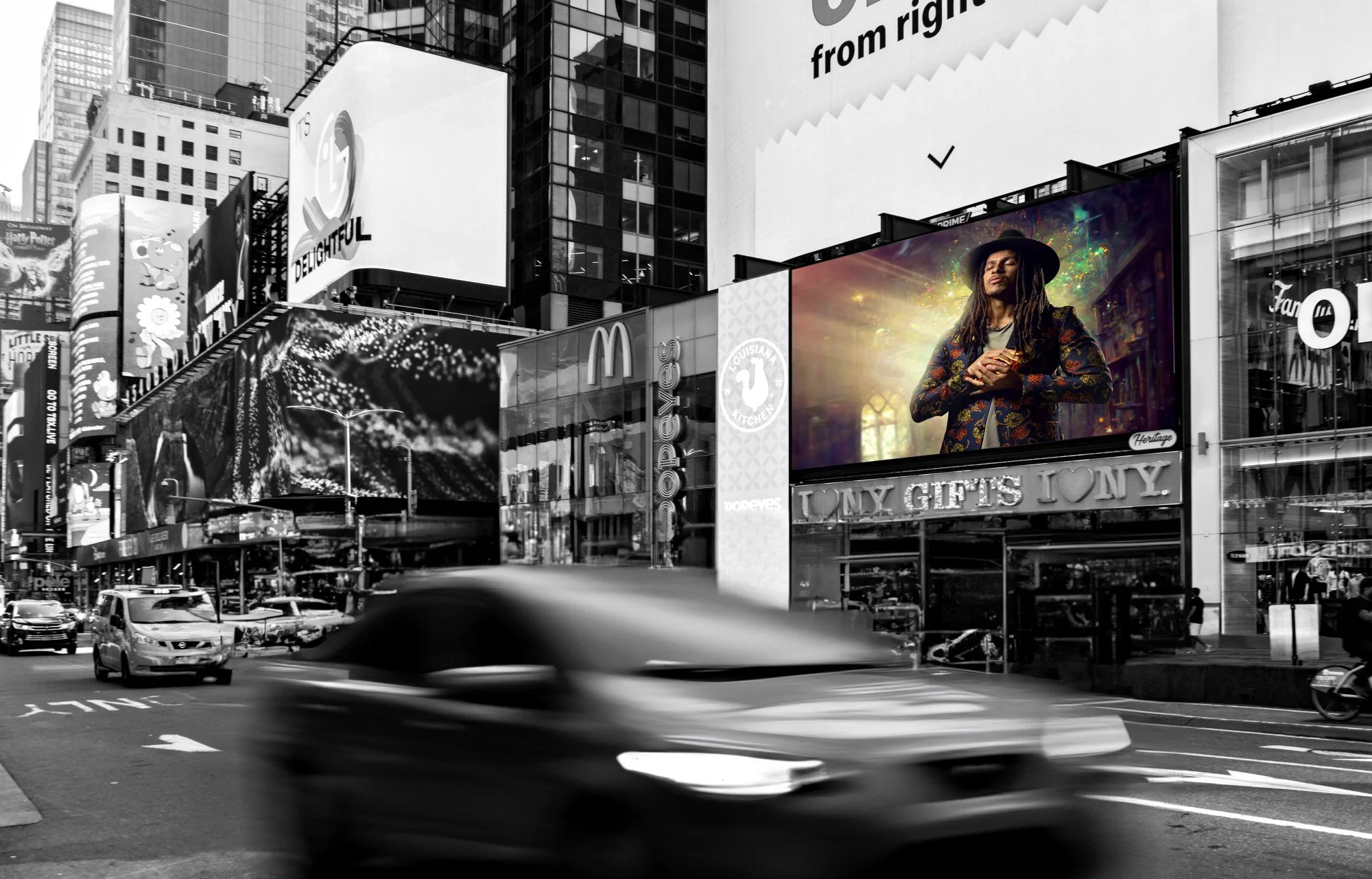 City street with billboards, cars, and a person on a large screen, in black and white with one colorful billboard.