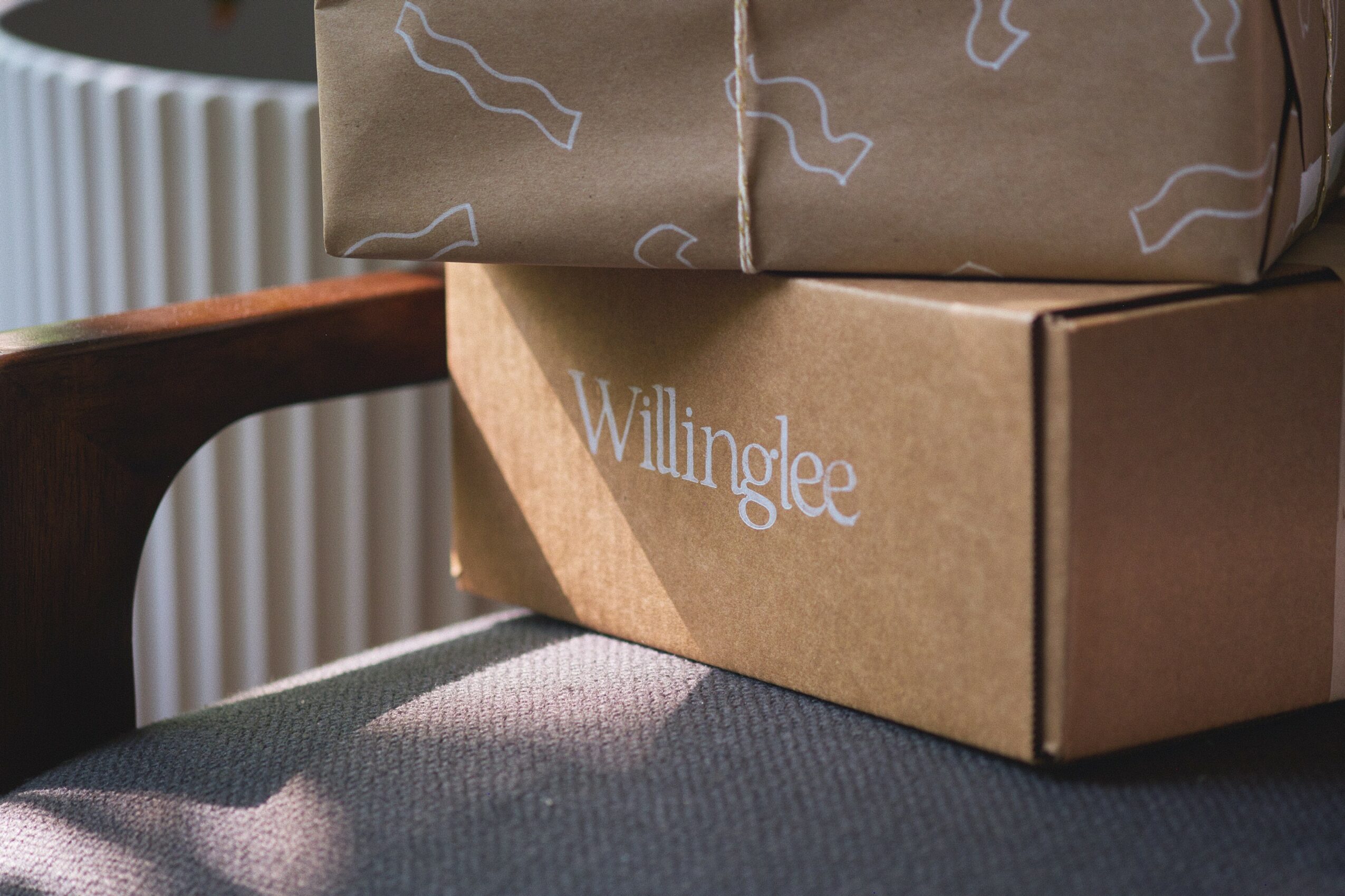 Two stacked cardboard boxes on a dark surface, one with the word 'Willinglee' printed on it, and a wrapped package on top.
