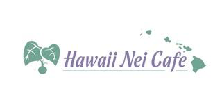 Hawaii Nei Cafe logo with a leaf and island graphic, and text in purple, on a white background.