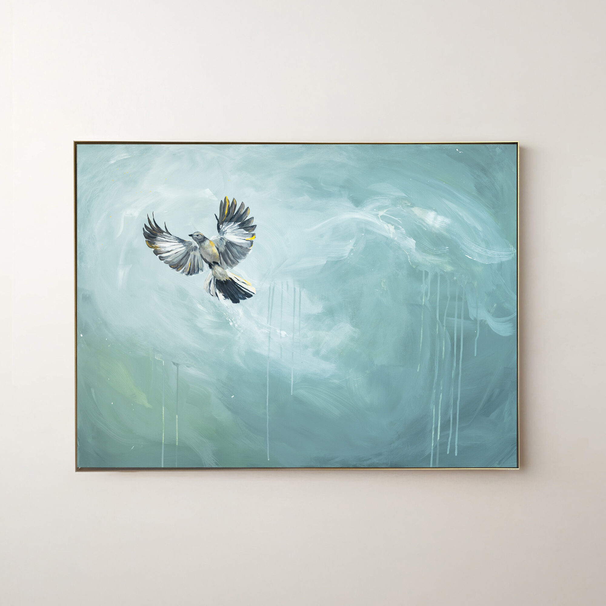 Painting of a bird flying in a cloudy sky with blue and green tones, on a white wall.