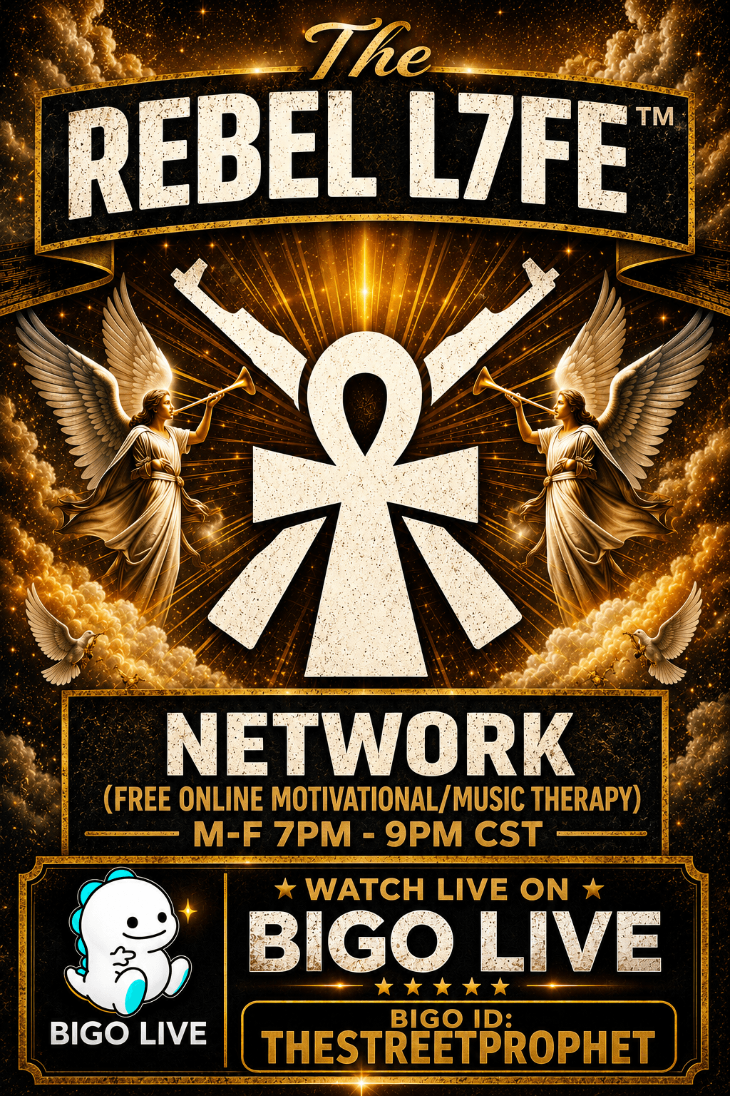 Poster with text 'The Rebel Life Network' and 'Big O Live' logo, featuring angels and a large symbol, promoting online music therapy.