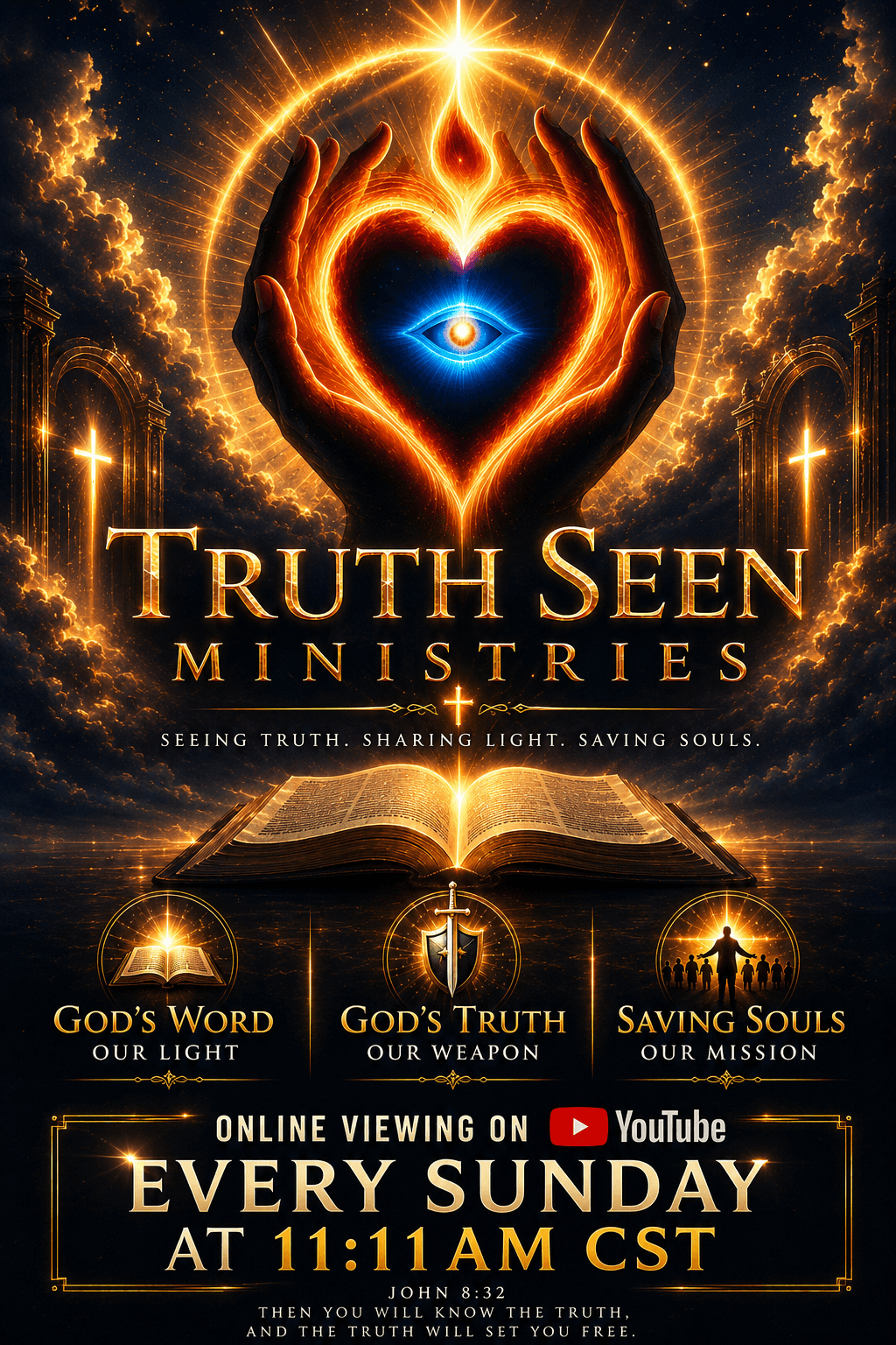 Book cover titled 'Truth Seen Ministries' with a glowing heart, hands, and open book, and a sunset background.