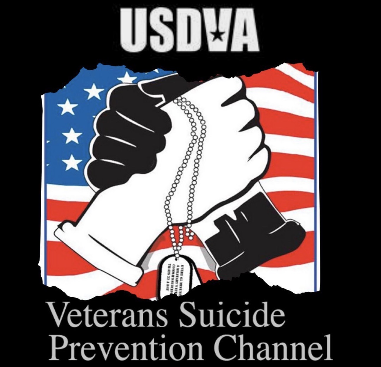Two hands, one black and one white, clasped with a dog tag chain, against an American flag background, with text about veterans and suicide prevention.