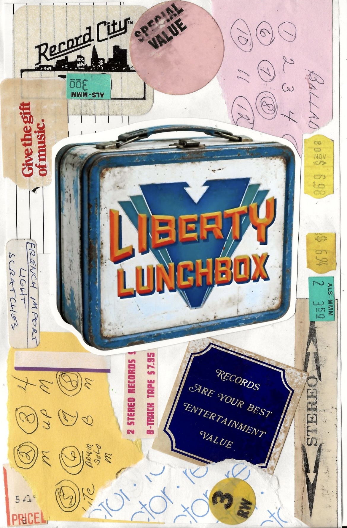 A vintage lunchbox with 'Liberty Lunchbox' label, surrounded by handwritten notes, stickers, and a record label, on a pink background.