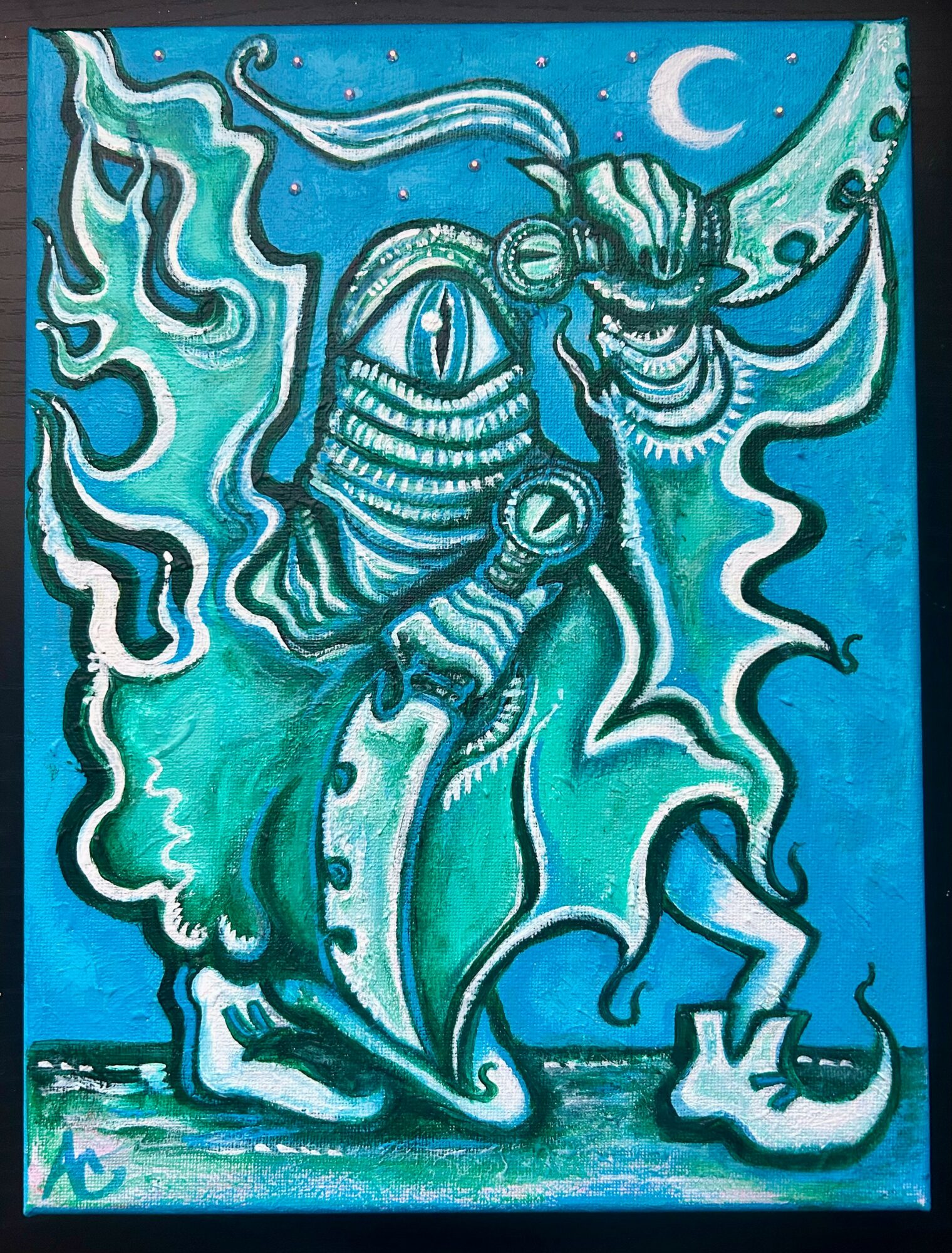 A stylized figure with a large eye, holding a staff, surrounded by swirling shapes and a crescent moon in a blue background.