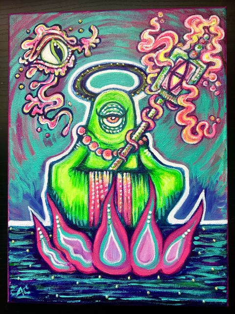Green figure with a halo, holding a staff, surrounded by pink flames and an eye, sitting on water with pink lotus-like shapes.