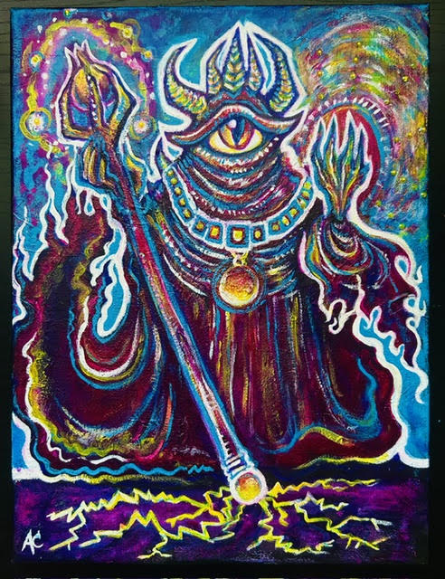 A colorful, abstract depiction of a multi-eyed, horned figure holding a staff with lightning around it.