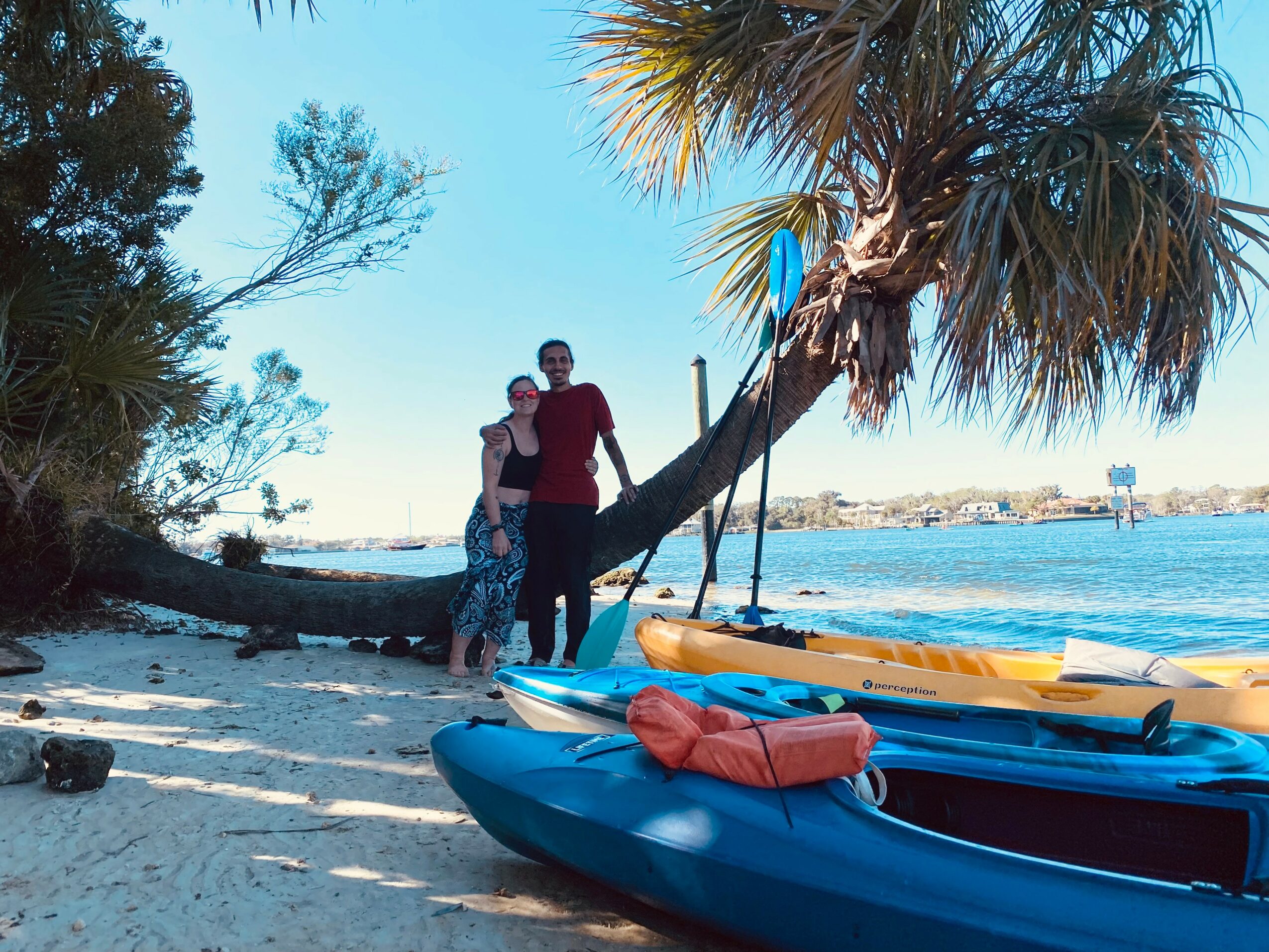 Two people stand on sandy beach near a leaning palm tree with kayaks nearby, water and sky in background.