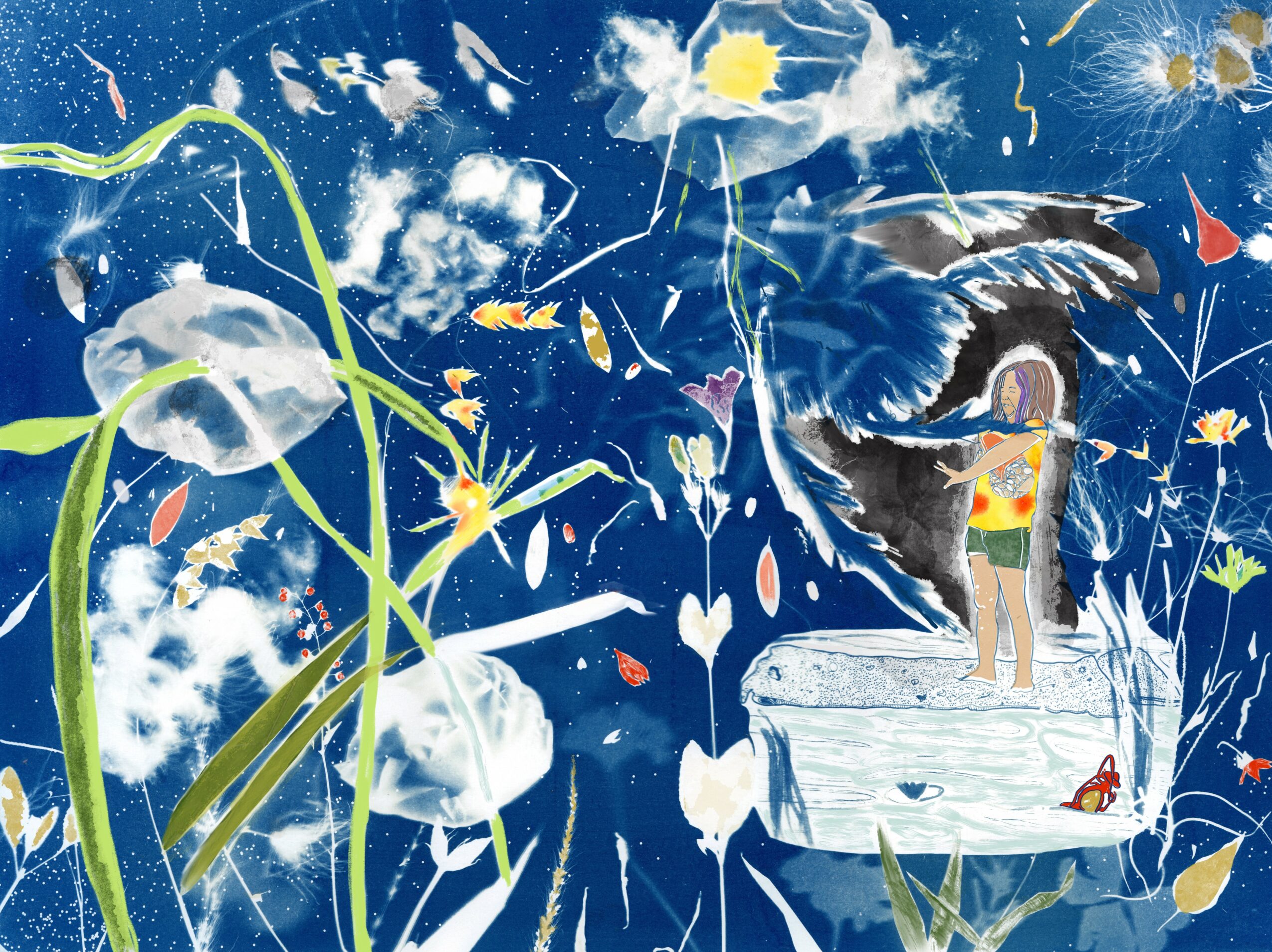Child standing on a rock near water with a bird, surrounded by abstract blue and white plant shapes.