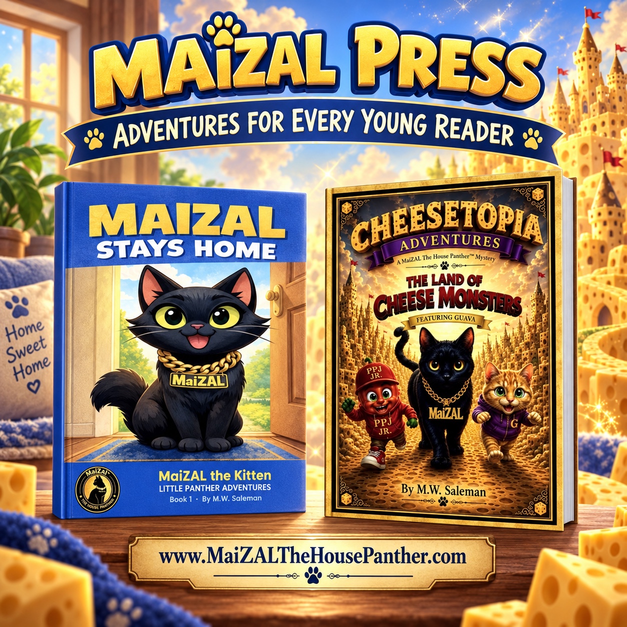 Book cover titled 'Maizal Stays Home' featuring a black cat with yellow eyes, sitting indoors with a window and houseplants, and a book cover titled 'Cheesetopia Adventures' with a black cat and other characters, set against a colorful castle background.