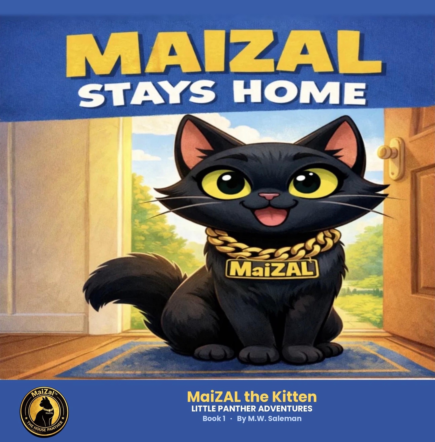 Black kitten with a gold chain and collar, sitting on a rug near an open door, with a sunny outdoor scene behind.