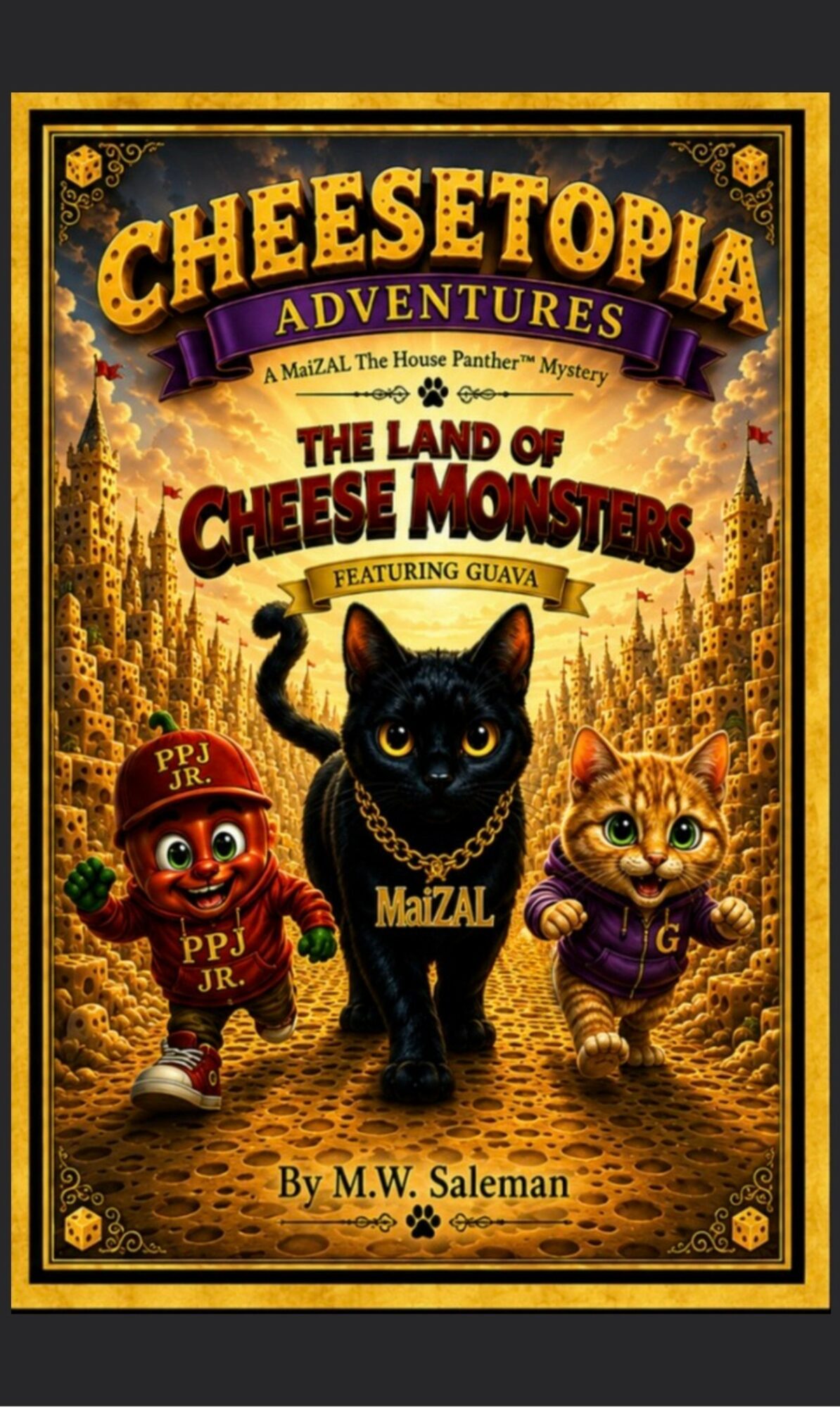 Book cover titled 'Cheetopia Adventures' featuring a black cat and two smaller cats in a fantasy landscape.