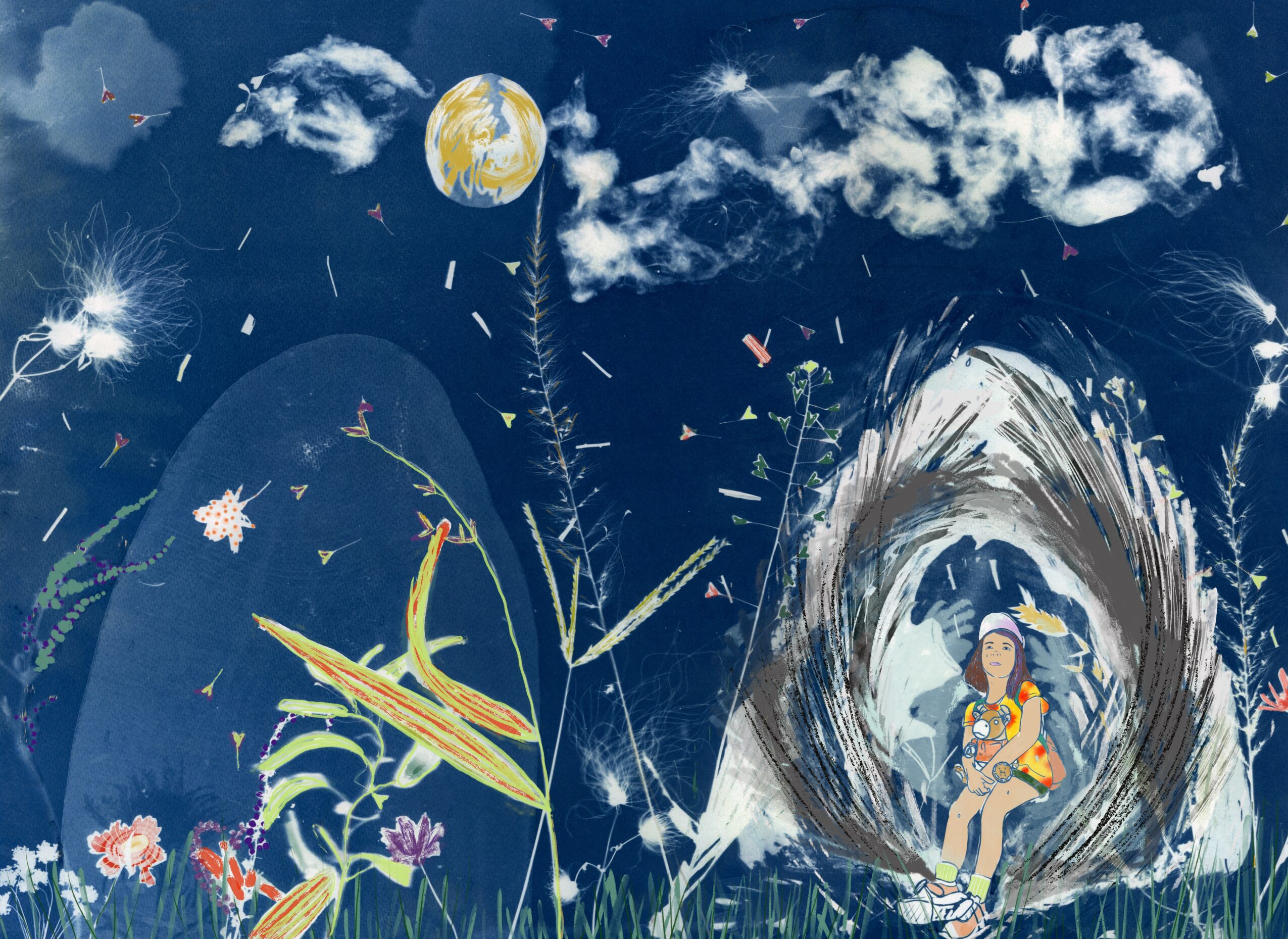 A girl with a hat sits near a cave entrance, surrounded by plants, clouds, and a small Earth in the sky.
