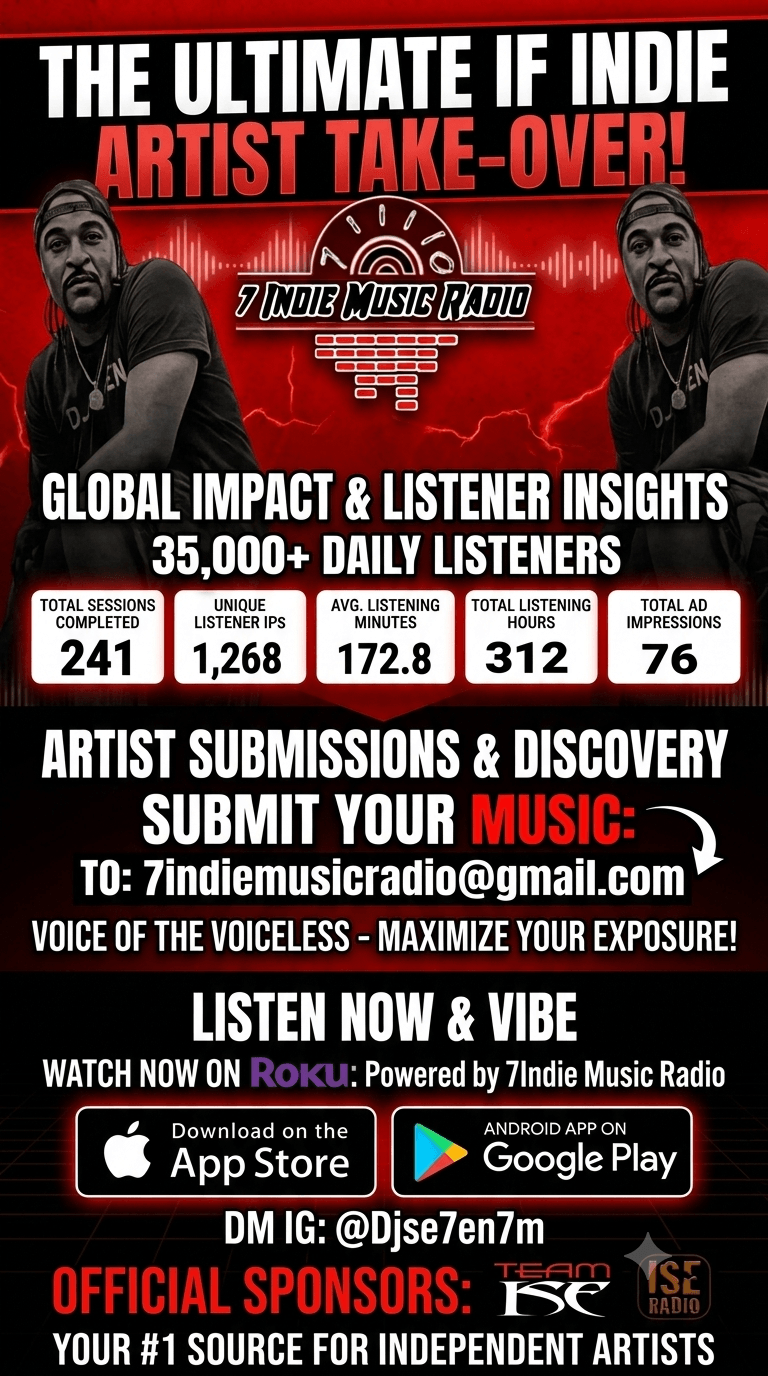 Promotional poster for indie music radio, featuring two men, with text about artist submissions, listener insights, and app download options.