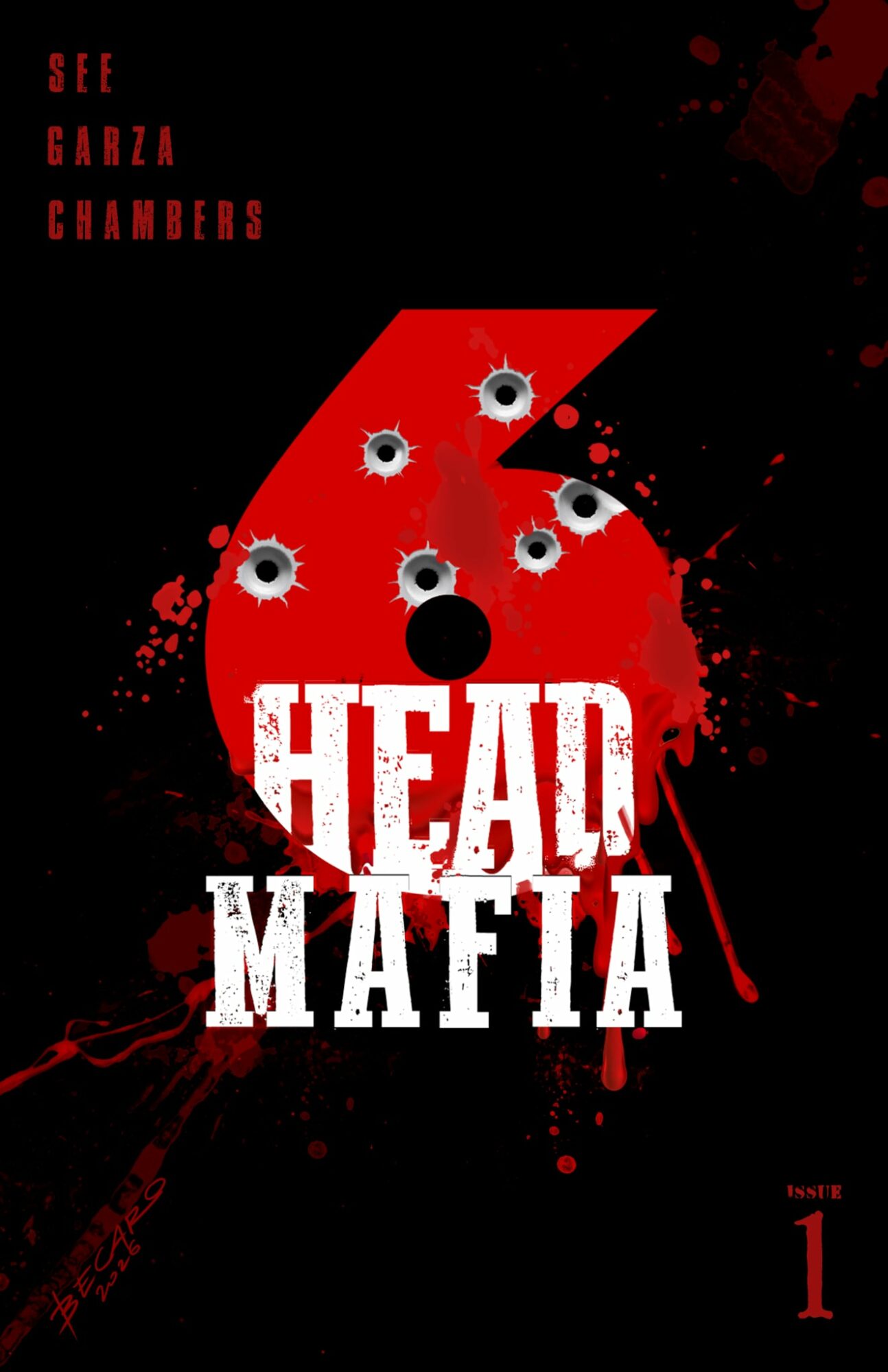 Book cover with red and black background, title 'Head Mafia', and bullet holes in a red shape.