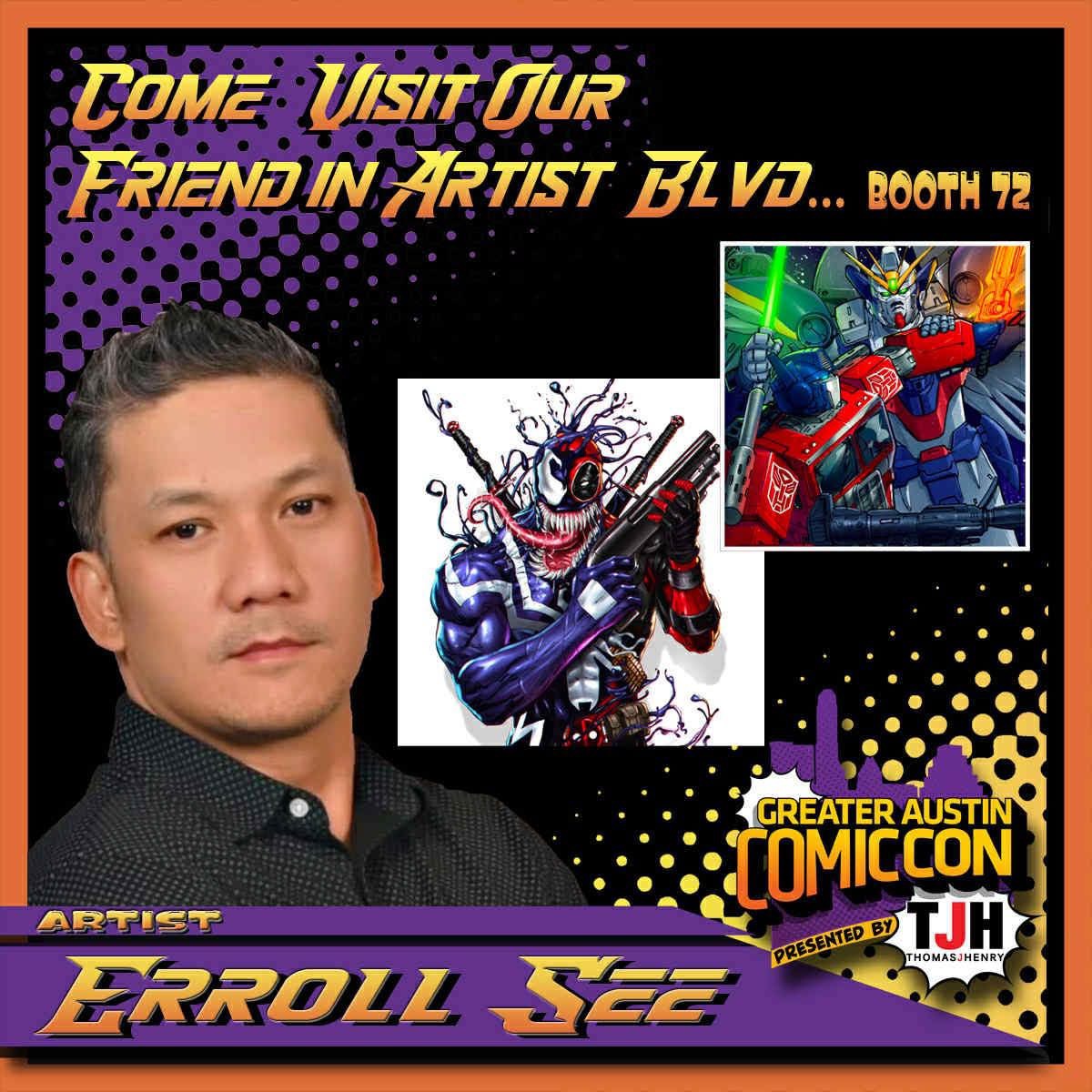 Promotional card for comic convention featuring artist Erroll See, a photo of a man, and comic characters, with colorful text and graphics.