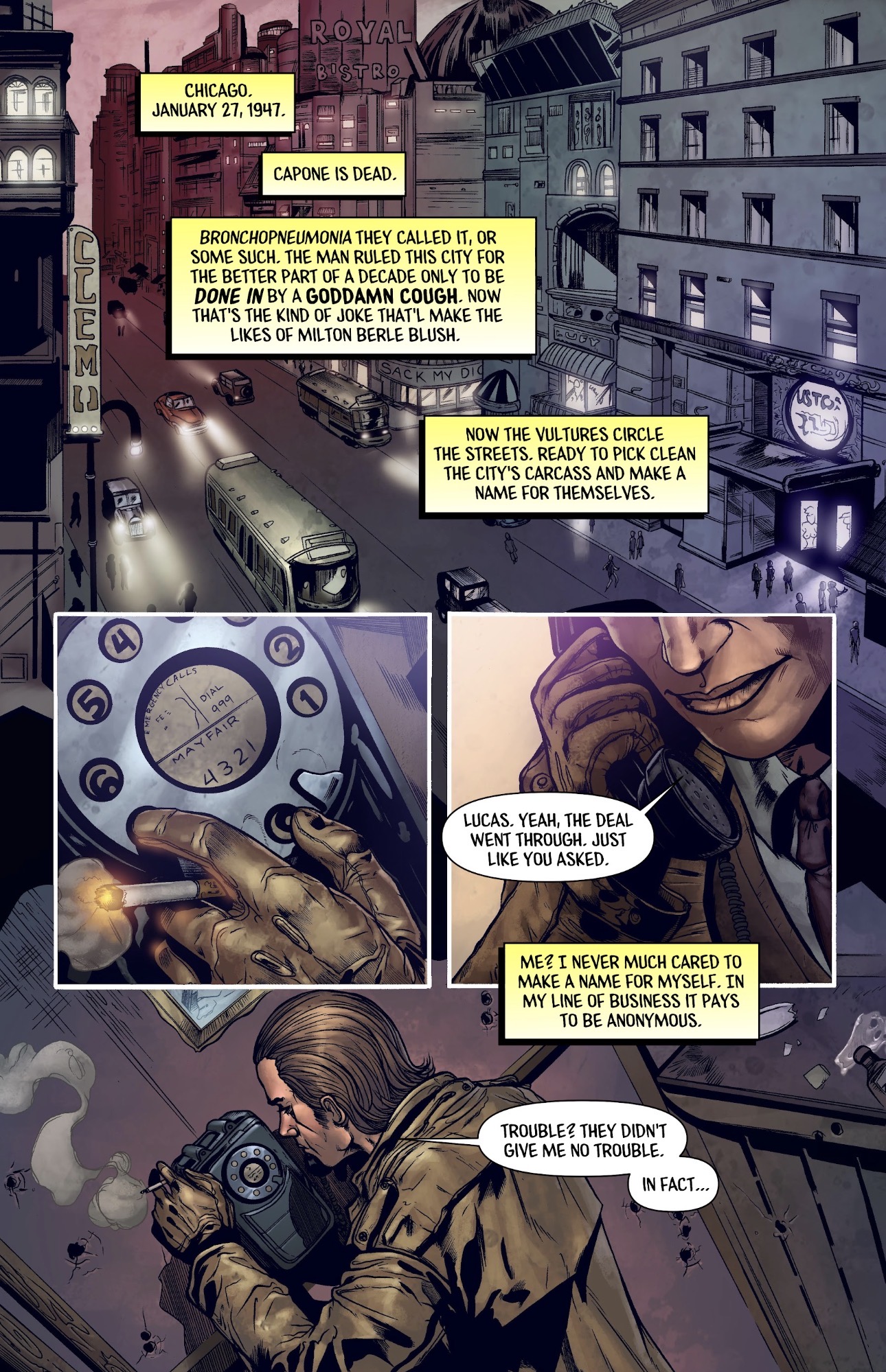 Comic book scene with city street, characters, and dialogue bubbles, showing nighttime urban environment with cars and buildings.